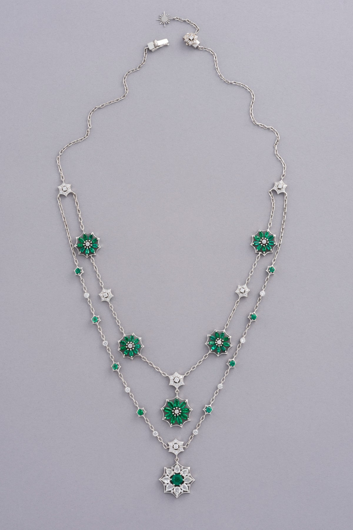 WEB Floral Necklace, White Gold, Rose-cut Diamonds and Emeralds