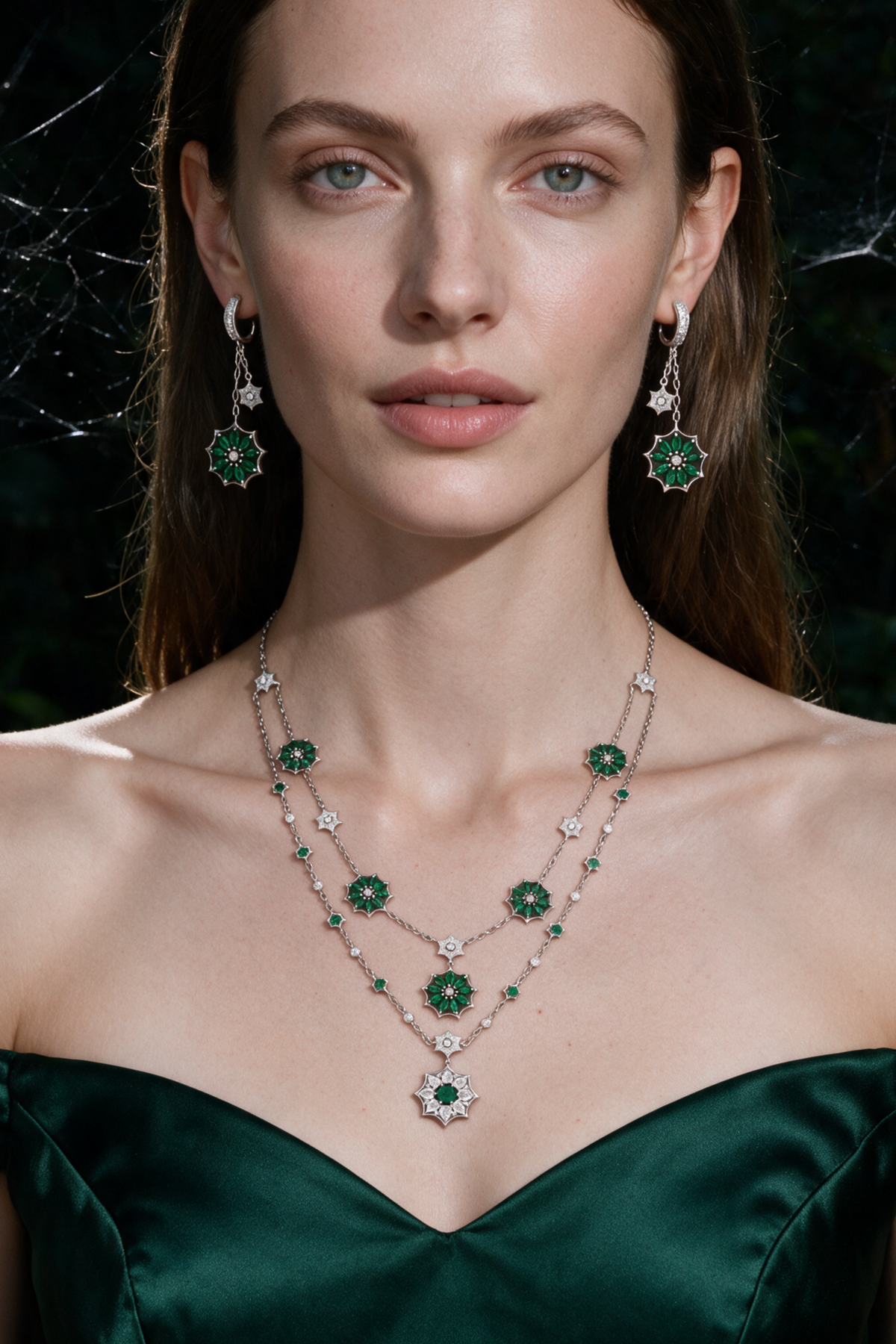 WEB Floral Necklace, White Gold, Rose-cut Diamonds and Emeralds