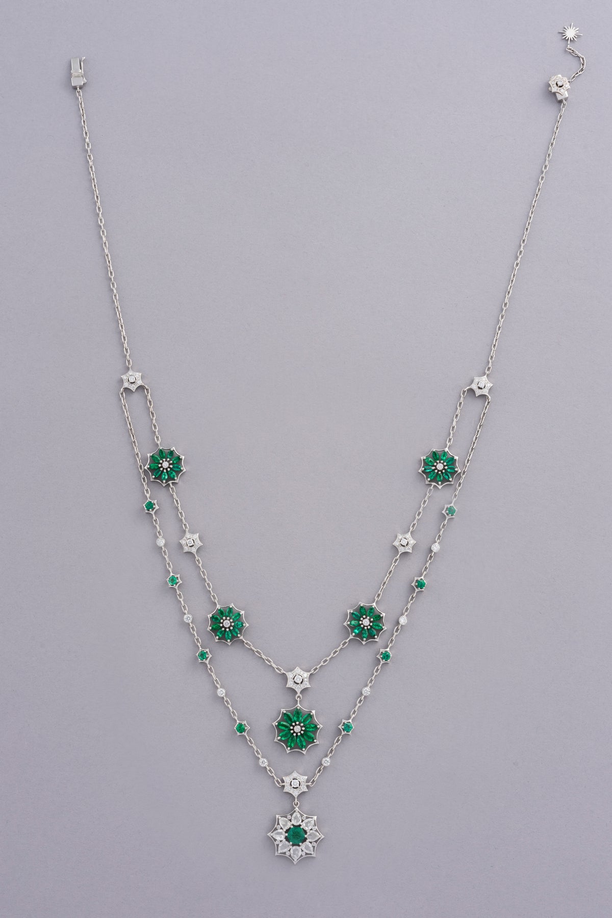 WEB Floral Necklace, White Gold, Rose-cut Diamonds and Emeralds