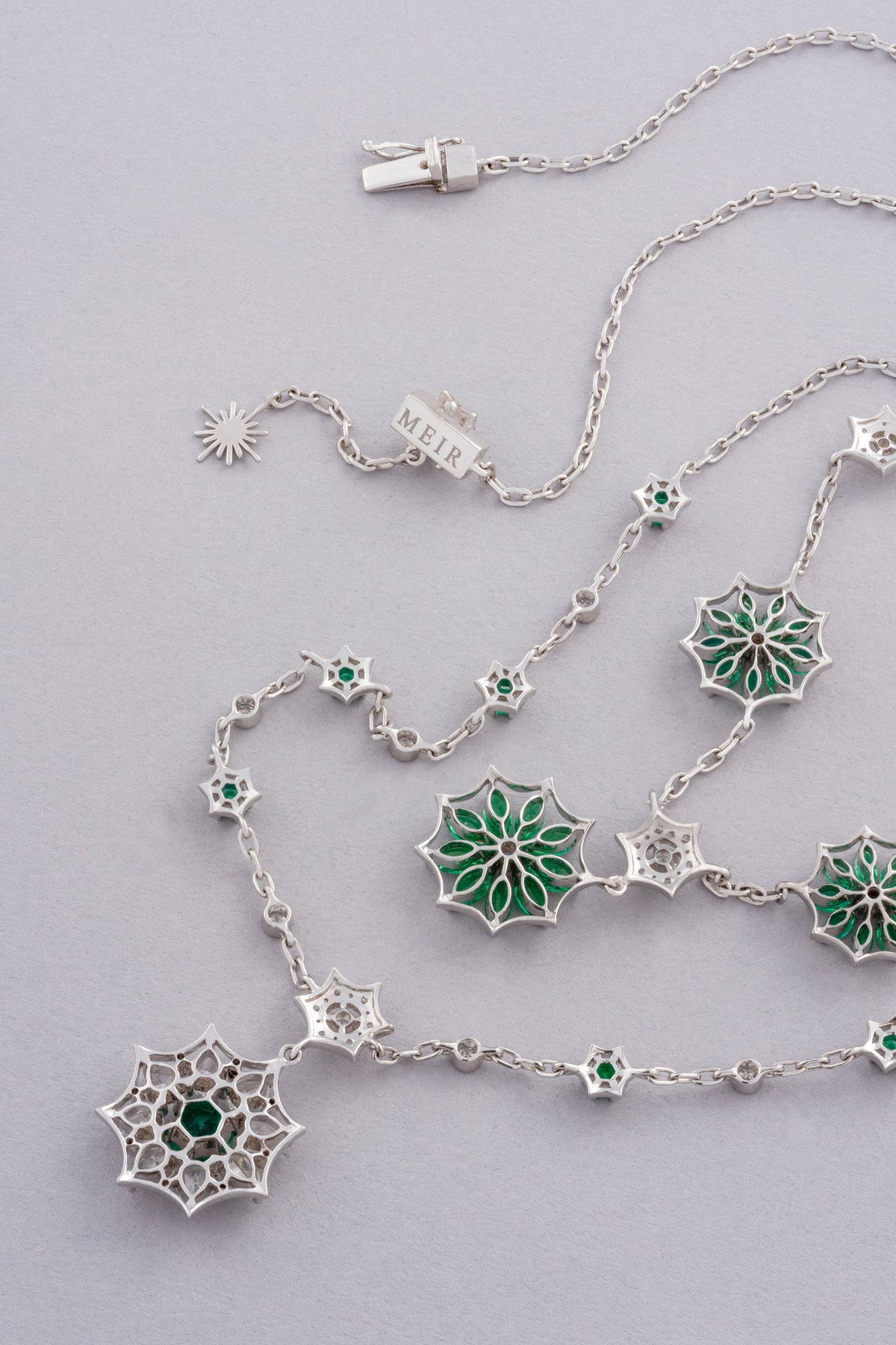 WEB Floral Necklace, White Gold, Rose-cut Diamonds and Emeralds