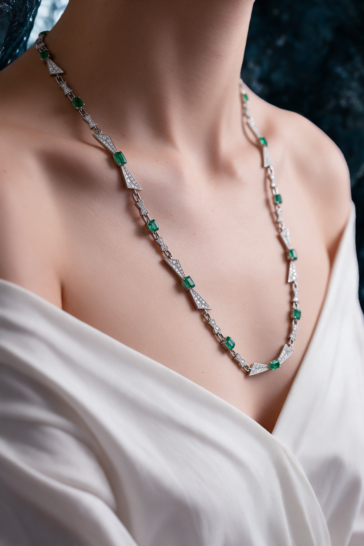 PRISM Emerald-Cut Necklace, White Gold, Brilliant-cut Diamonds and Emeralds