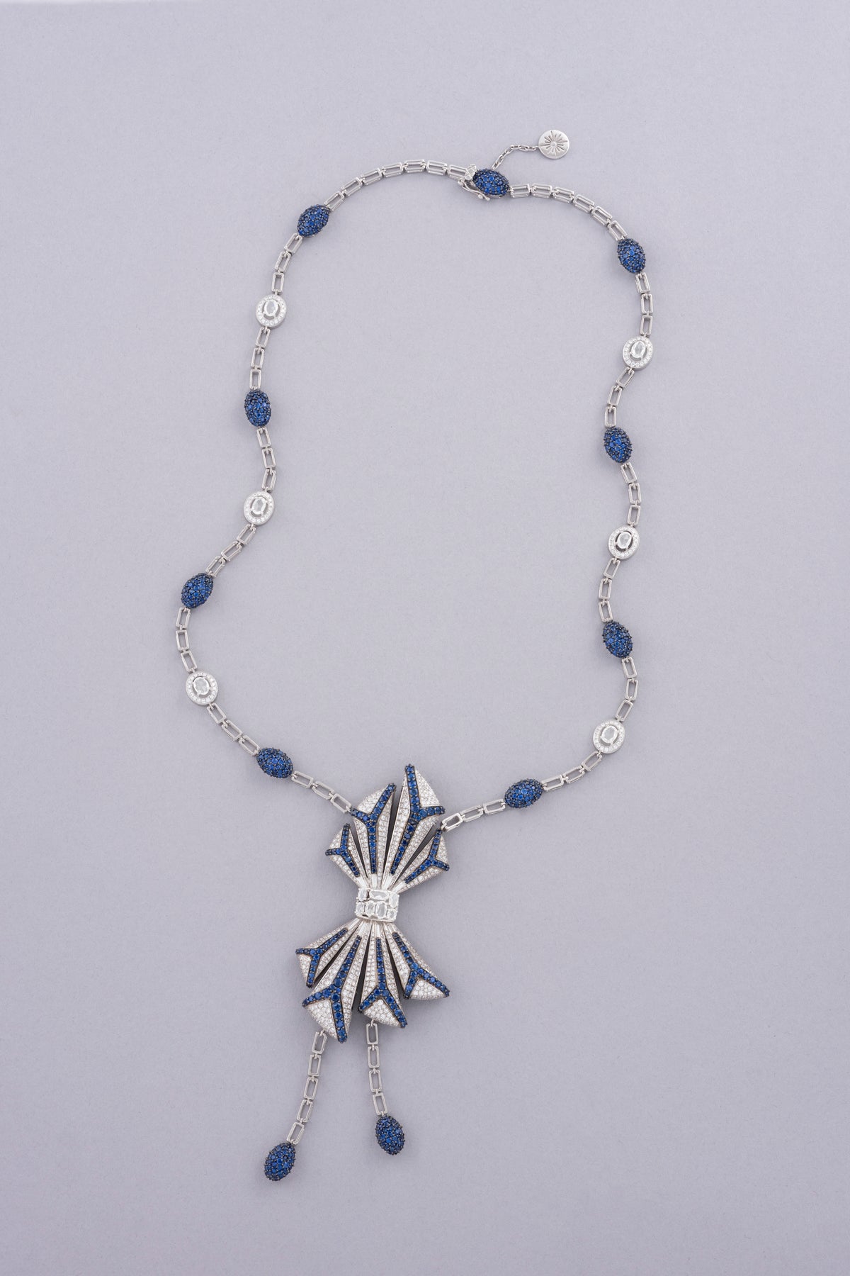 PRISM Bow Necklace, White Gold, Rose-cut Diamonds and Blue Sapphires