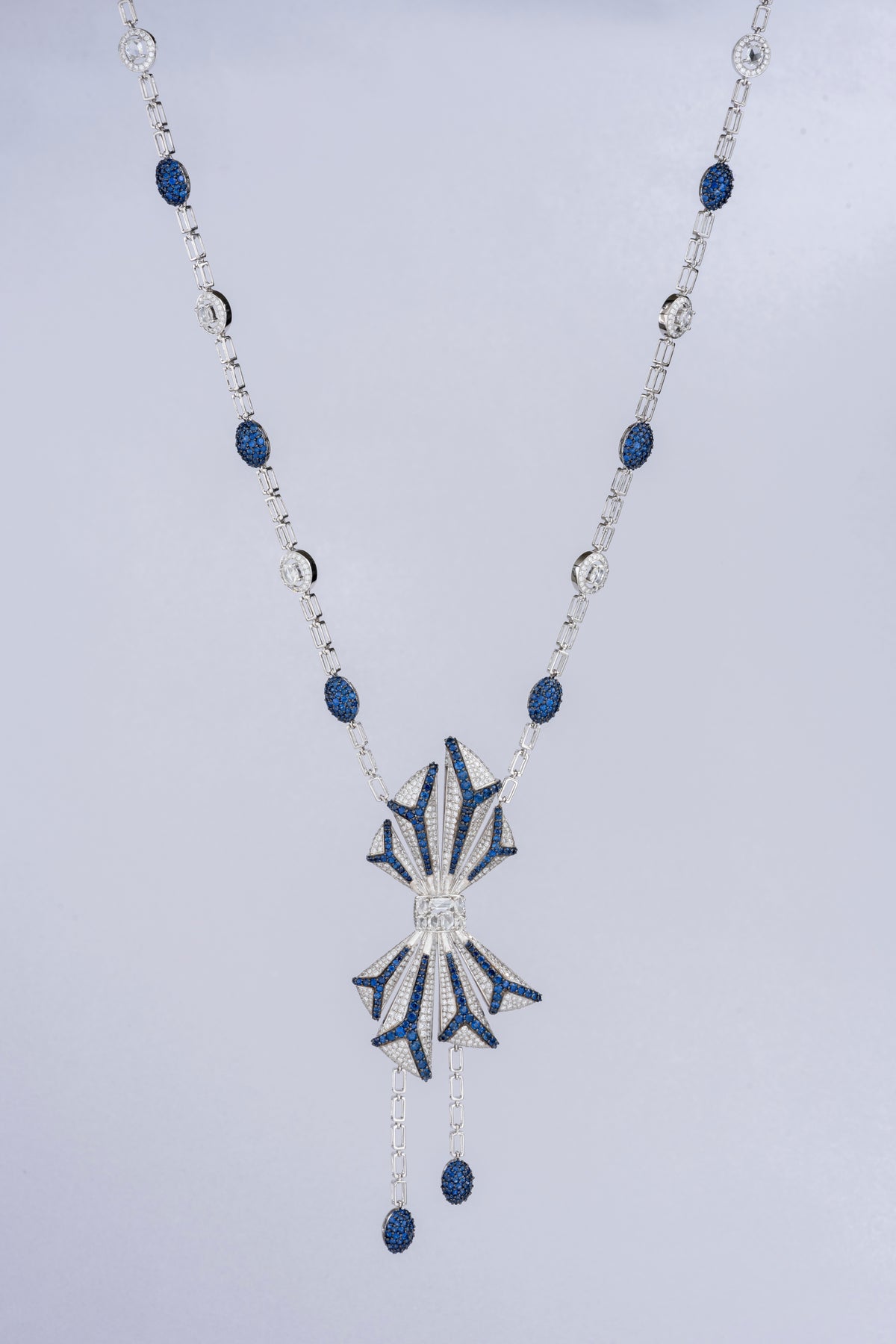 PRISM Bow Necklace, White Gold, Rose-cut Diamonds and Blue Sapphires