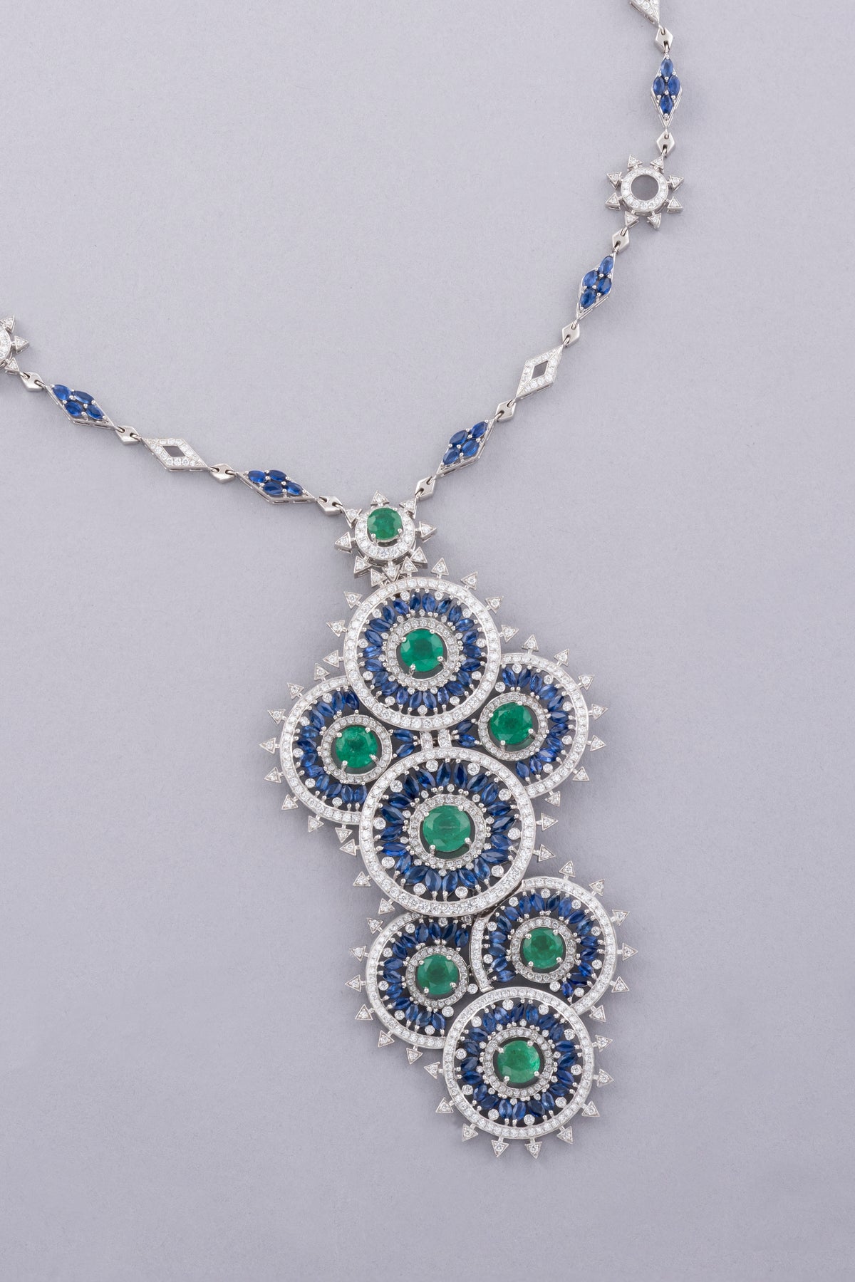 NOVA Constellation Necklace, White Gold, Brilliant-cut Diamonds and Marquise Blue Sapphires
