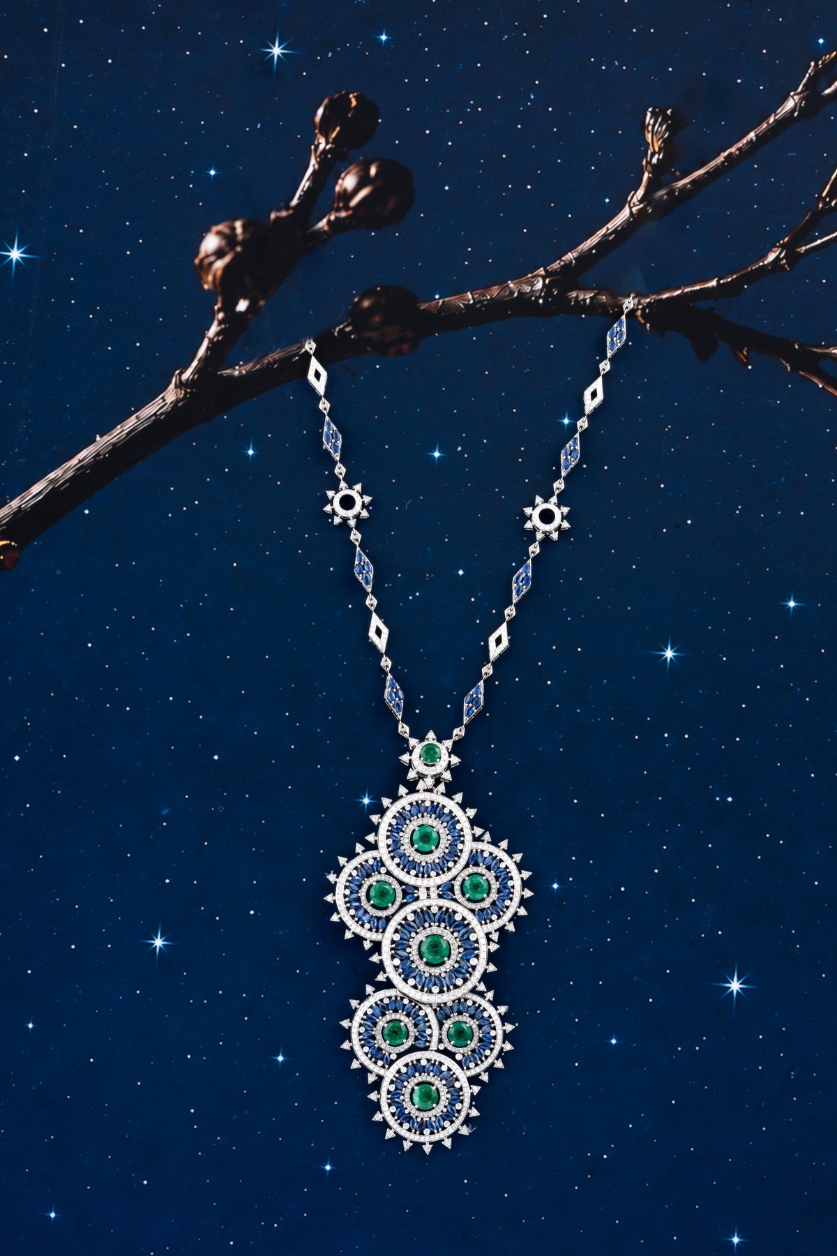 NOVA Constellation Necklace, White Gold, Brilliant-cut Diamonds and Marquise Blue Sapphires