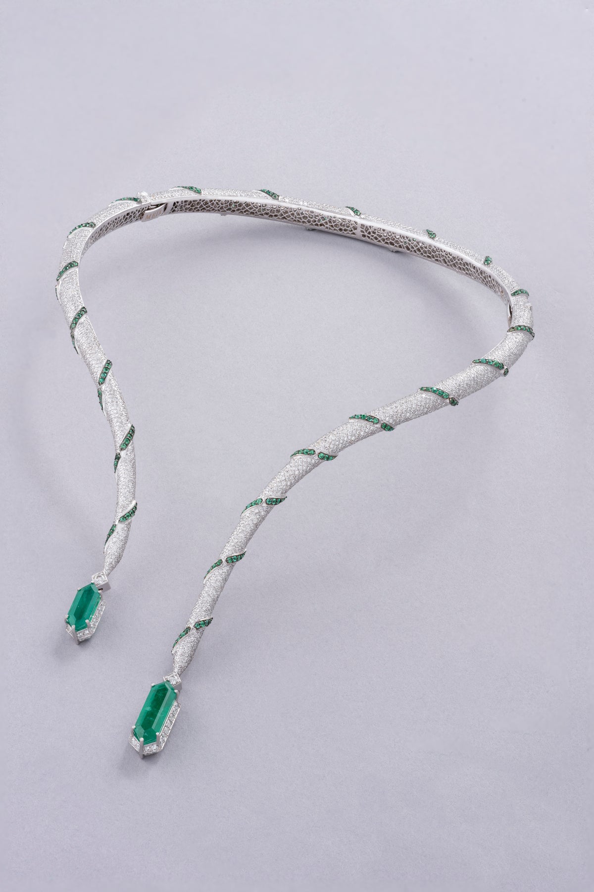 LINK Hexagon Necklace, White Gold, Brilliant-cut Diamonds and Emeralds