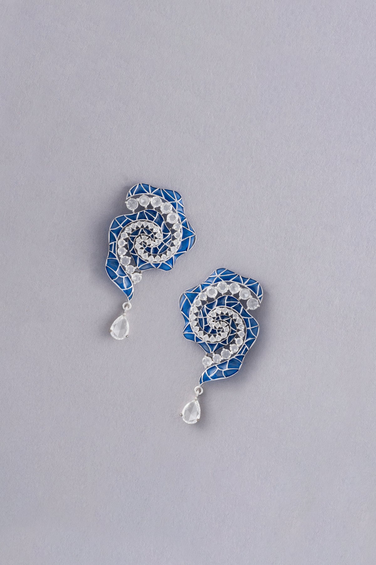 Spiral Earrings, White Gold, Rose-cut Diamonds and Ceramic Enamel