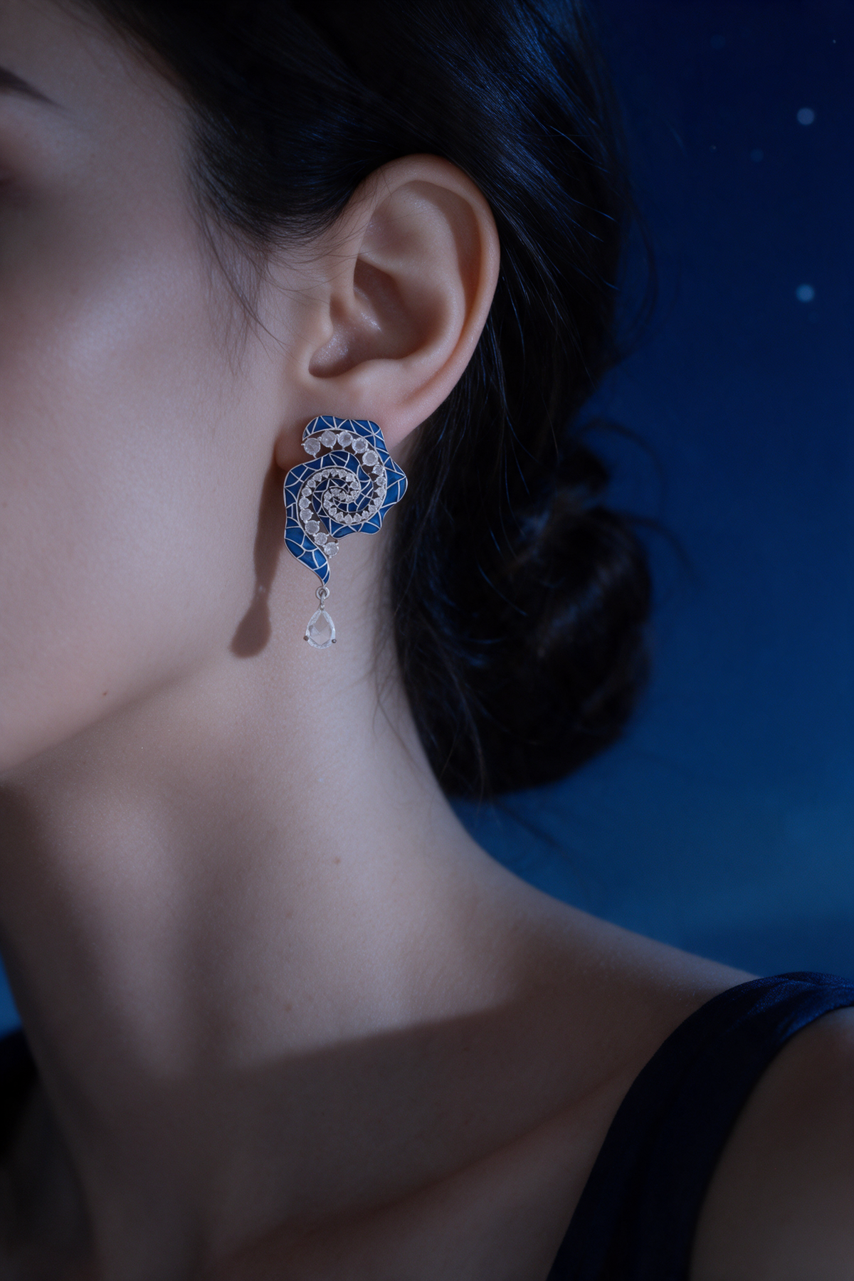 Spiral Earrings, White Gold, Rose-cut Diamonds and Ceramic Enamel