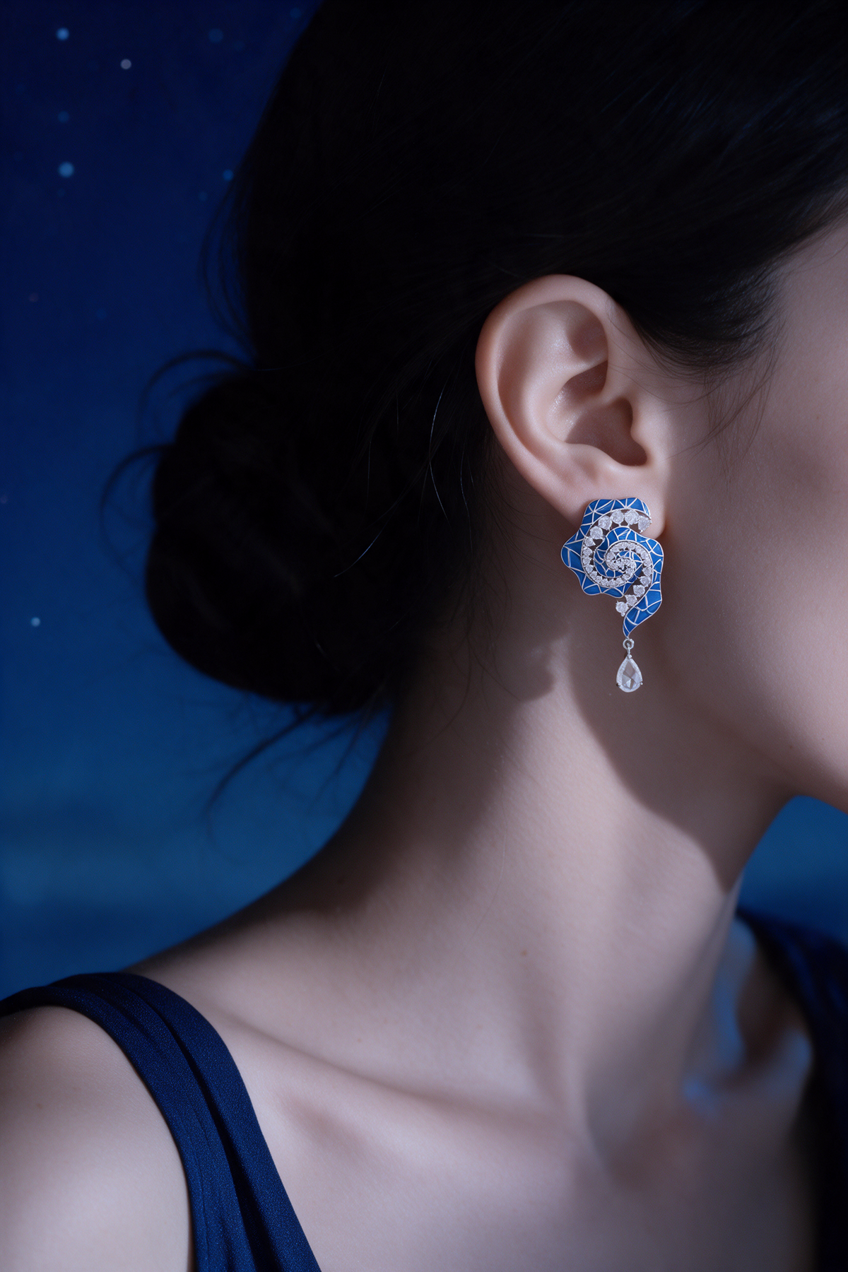 Spiral Earrings, White Gold, Rose-cut Diamonds and Ceramic Enamel