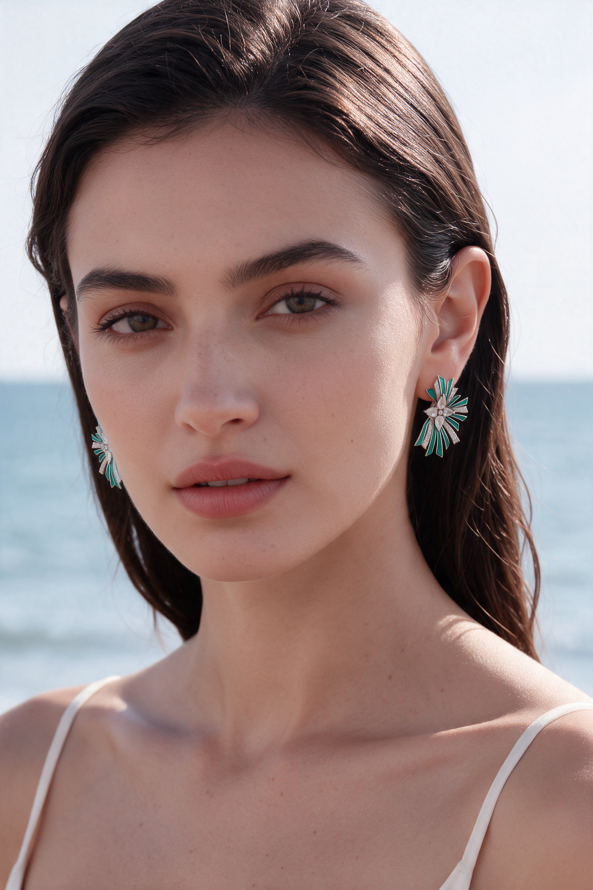 Starburst Cluster Earrings, White Gold, Rose-cut Diamonds and Ceramic Enamel