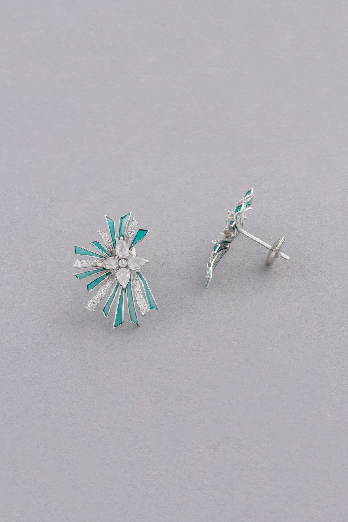 Starburst Cluster Earrings, White Gold, Rose-cut Diamonds and Ceramic Enamel