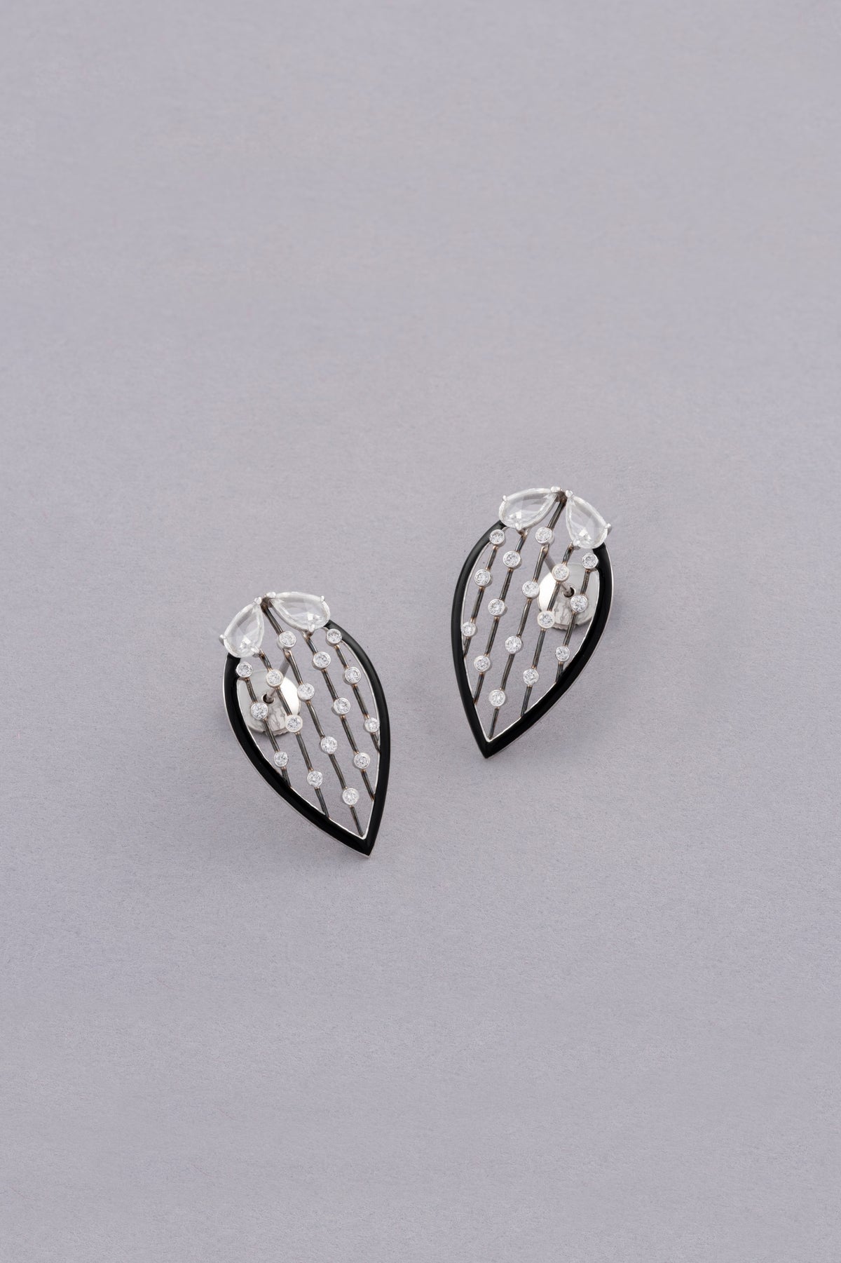 Leaf Earrings, White Gold, Rose-cut Diamonds and Ceramic Enamel