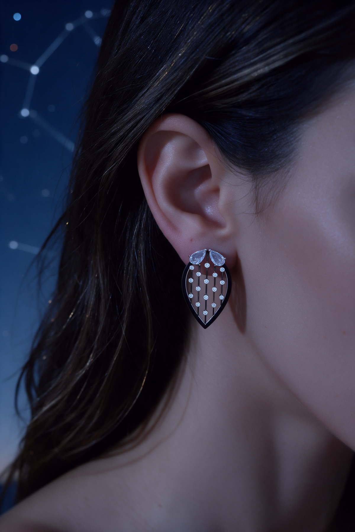 Leaf Earrings, White Gold, Rose-cut Diamonds and Ceramic Enamel