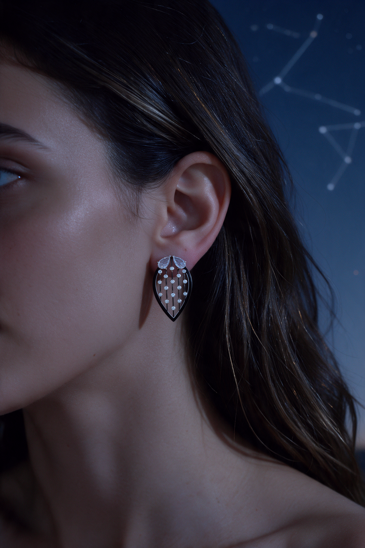 Leaf Earrings, White Gold, Rose-cut Diamonds and Ceramic Enamel