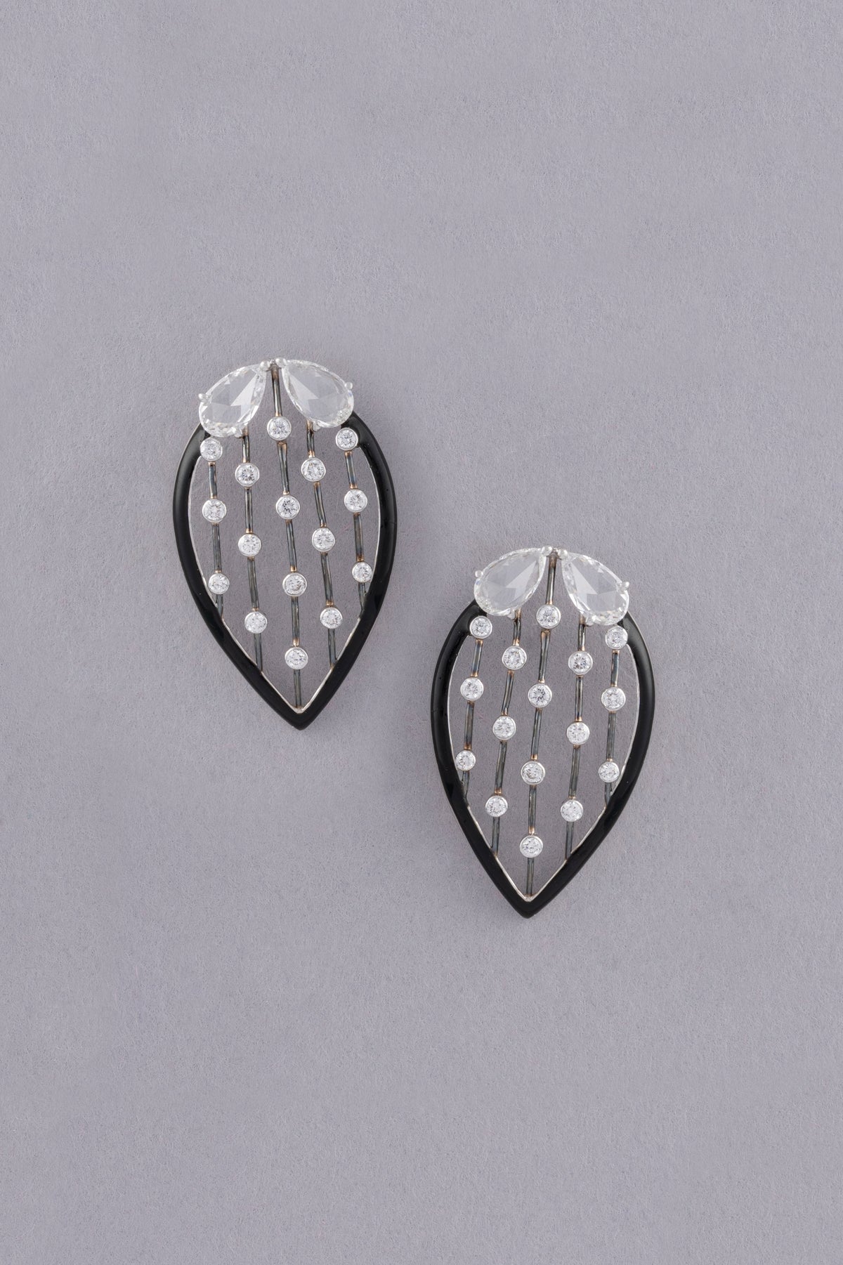 Leaf Earrings, White Gold, Rose-cut Diamonds and Ceramic Enamel