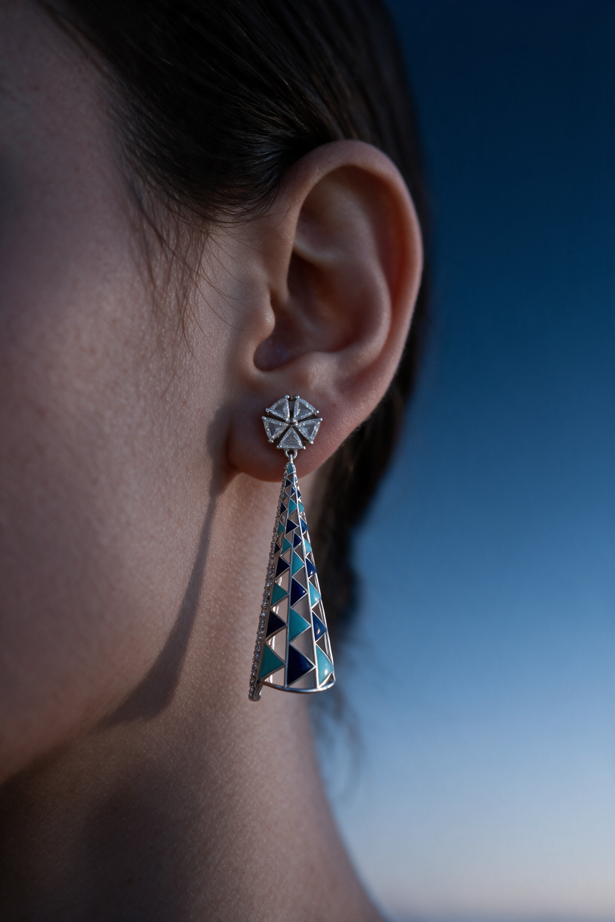 Spire Earrings, White Gold, Rose-cut Diamonds and Ceramic Enamel