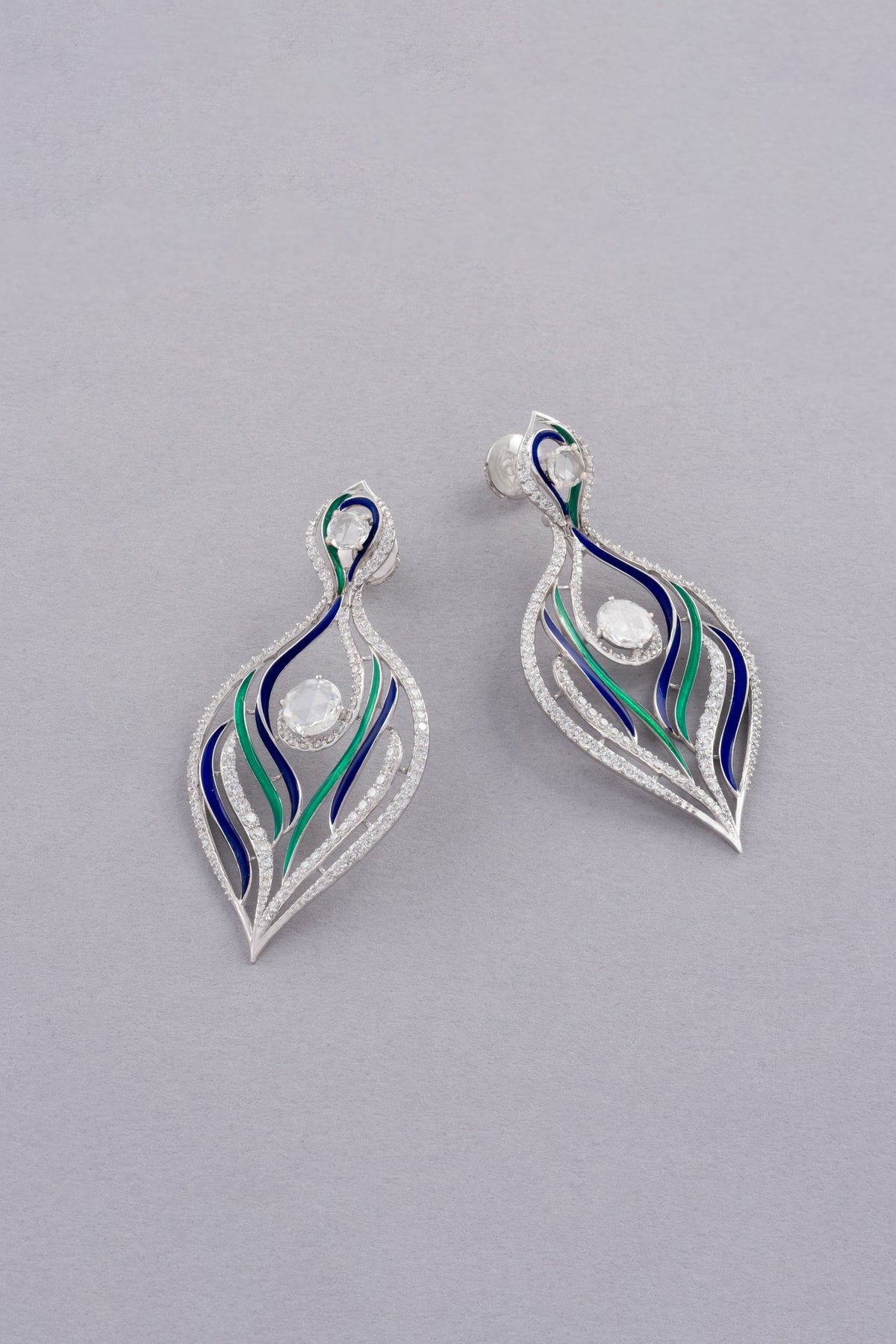 PLUME Earrings, White Gold, Rose-cut Diamonds and Ceramic Enamel