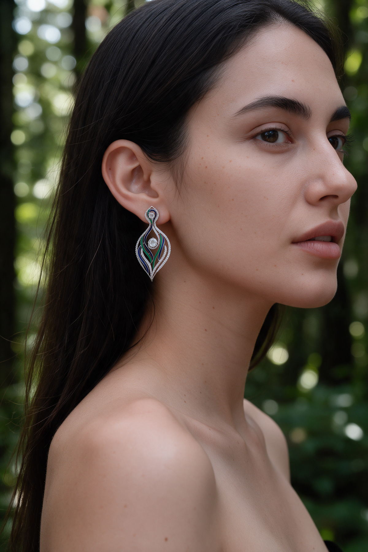 PLUME Earrings, White Gold, Rose-cut Diamonds and Ceramic Enamel