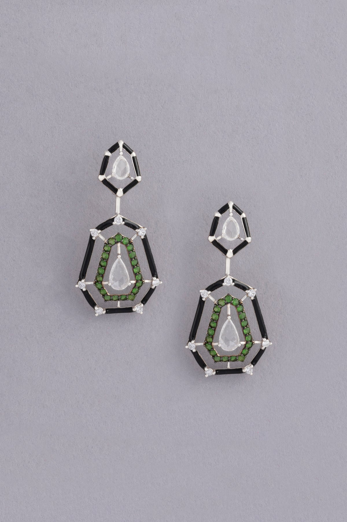 Halo Drop Earrings, White Gold, Rose-cut Diamonds and Tsavorite