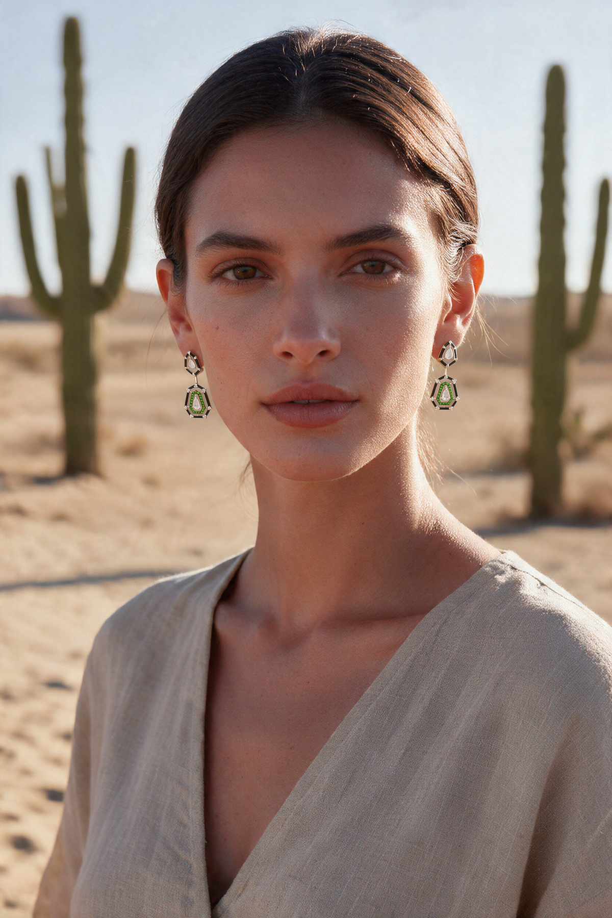 Halo Drop Earrings, White Gold, Rose-cut Diamonds and Tsavorite