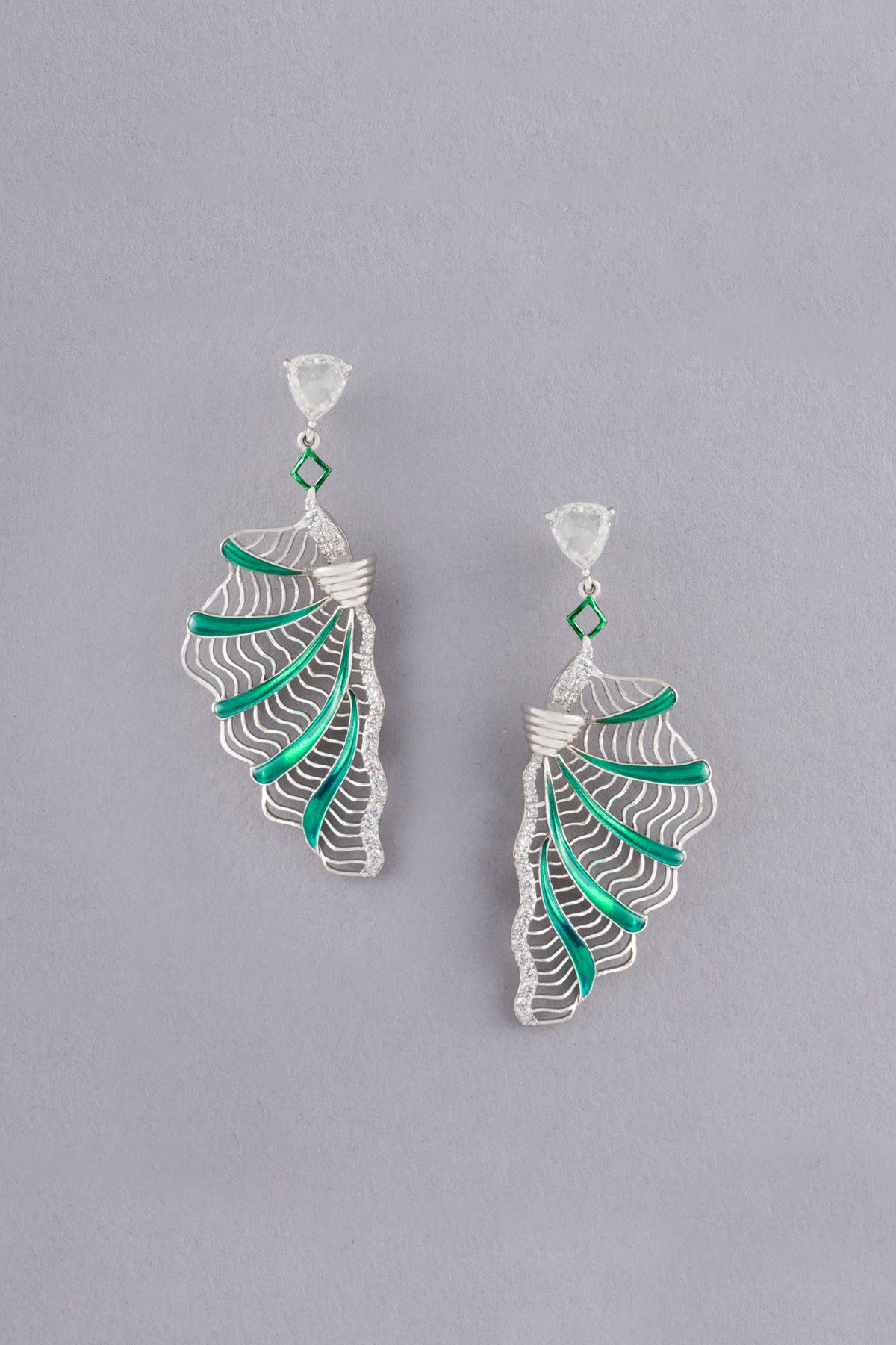 Palm Earrings, White Gold, Rose-cut Diamonds and Ceramic Enamel