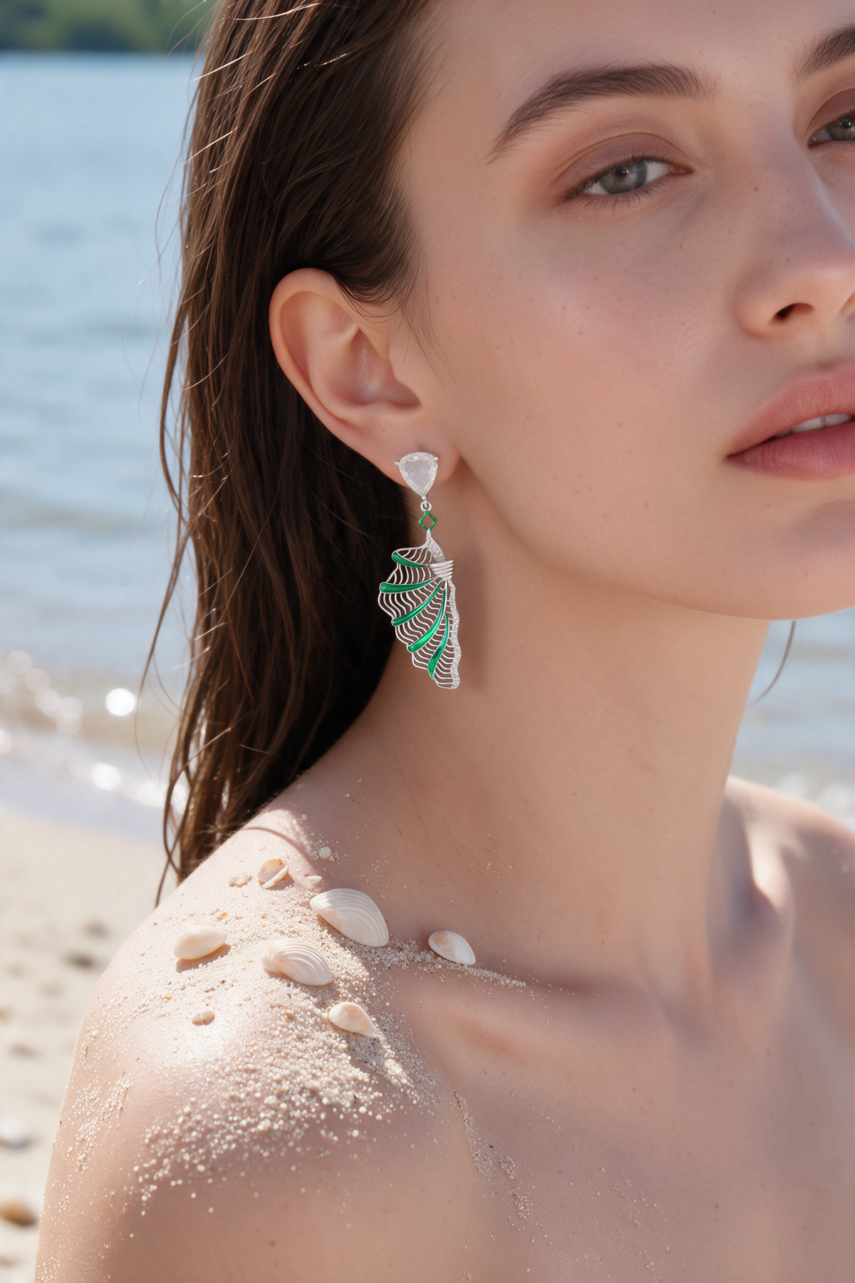 Palm Earrings, White Gold, Rose-cut Diamonds and Ceramic Enamel