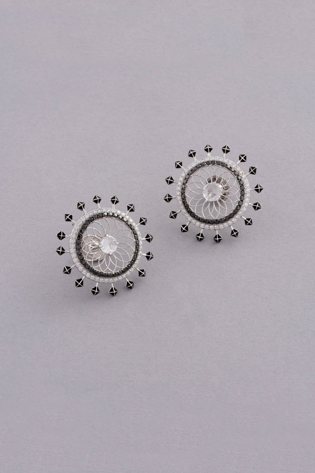 NOVA Medallion Earrings, White Gold, Rose-cut Diamonds and Ceramic Enamel