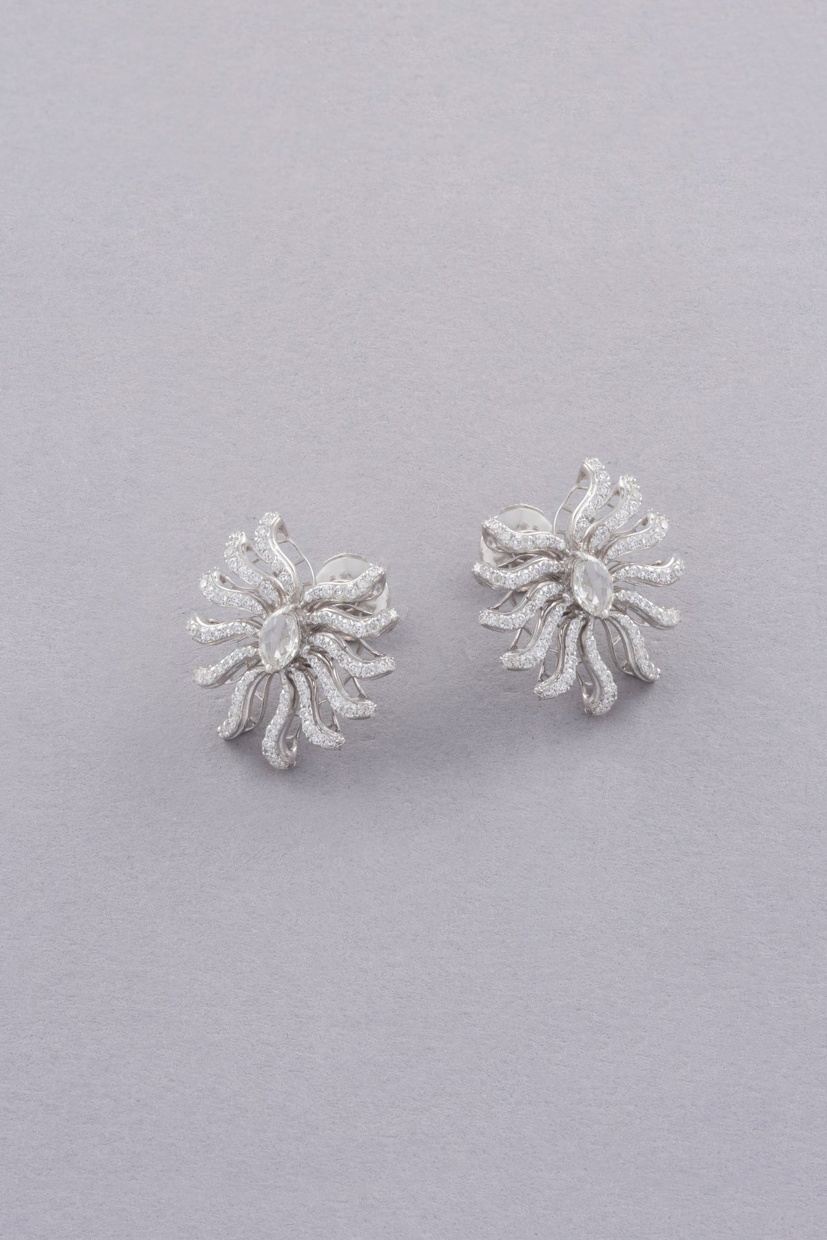 Sunburst Earrings, White Gold, Rose-cut Diamonds
