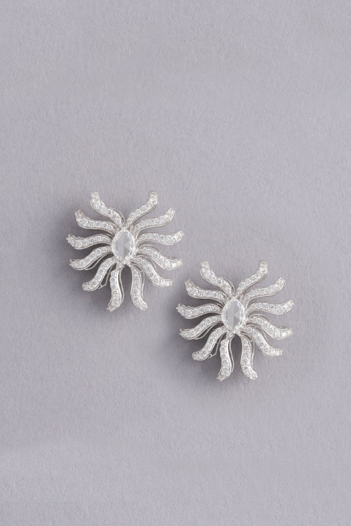 Sunburst Earrings, White Gold, Rose-cut Diamonds