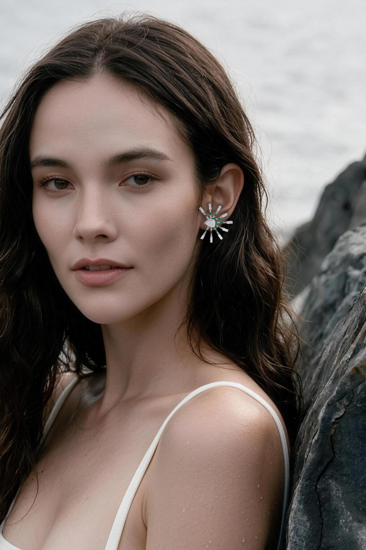 PRISM Sunburst Earrings, White Gold, Rose-cut Diamonds and Ceramic Enamel