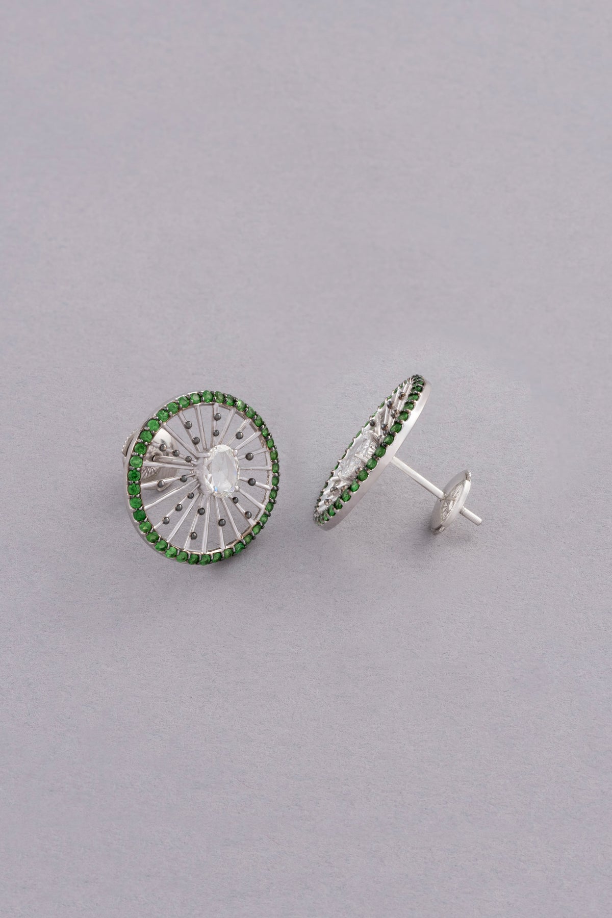 Wheel Earrings, White Gold, Rose-cut Diamonds and Tsavorite