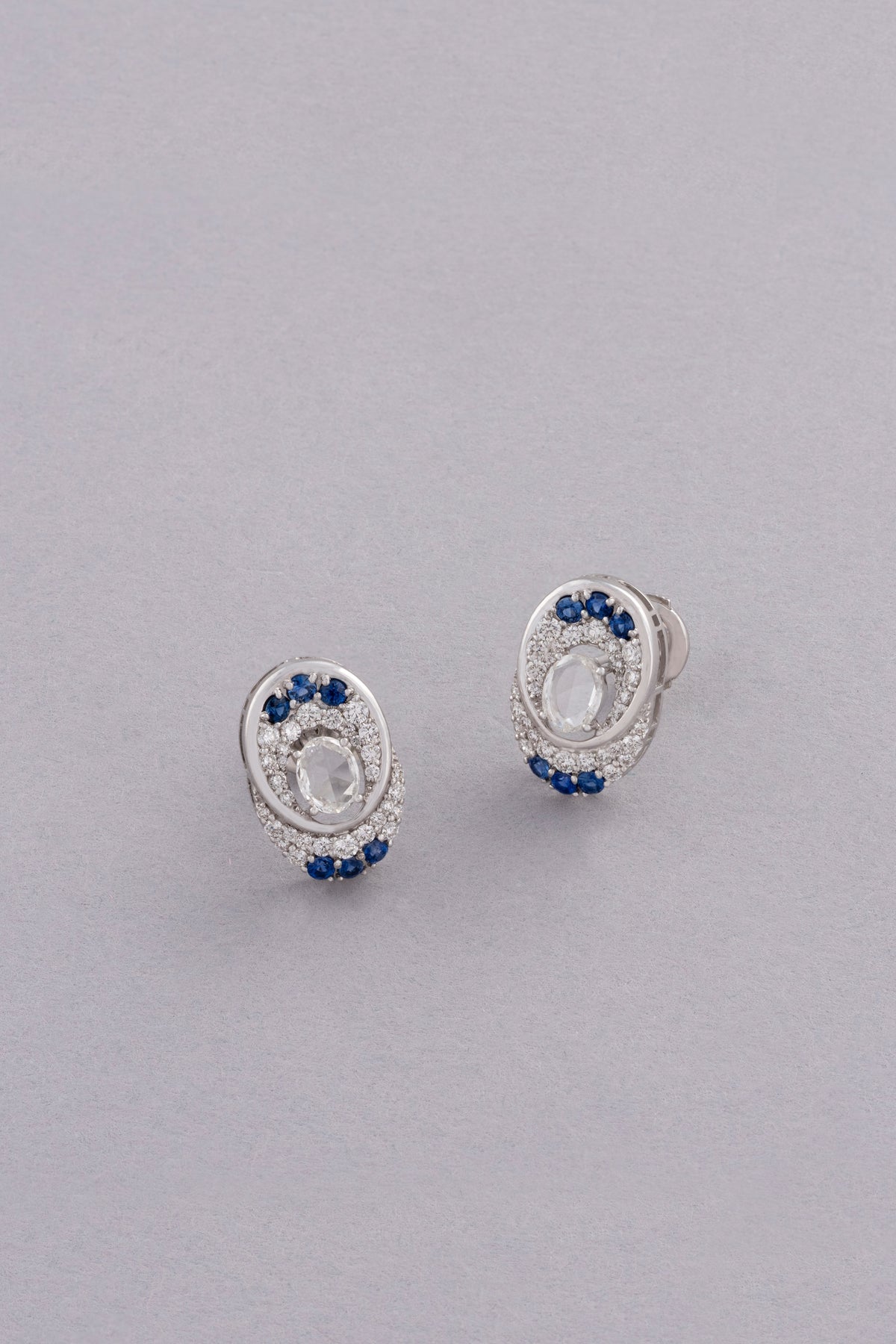 LINK Oval Earrings, White Gold, Rose-cut Diamonds and Blue Sapphires