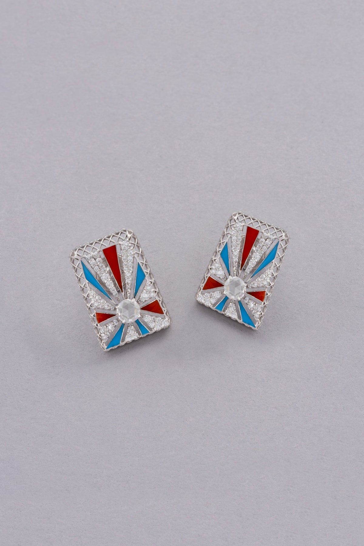 Sunray Earrings, White Gold, Rose-cut Diamonds and Ceramic Enamel