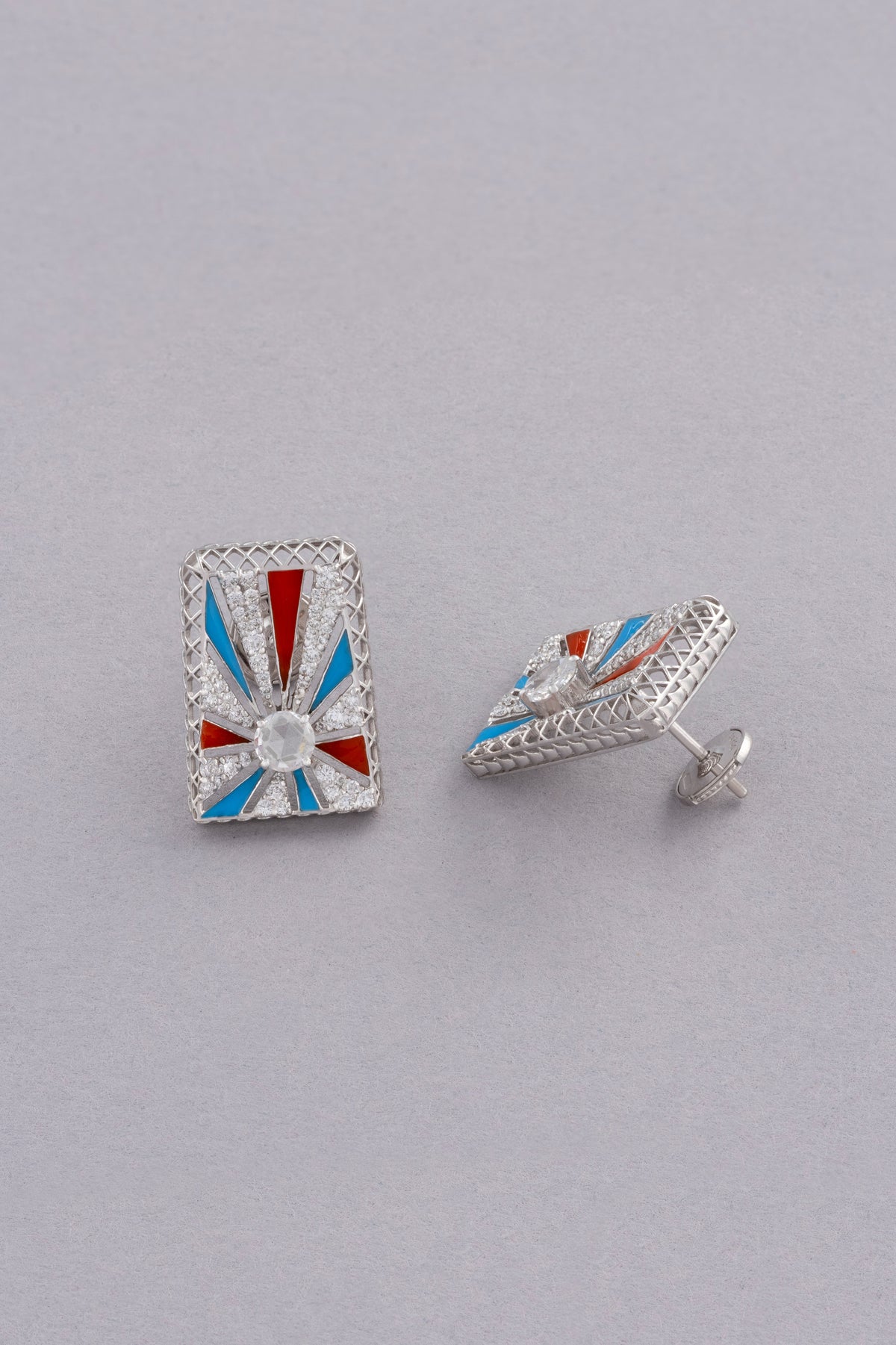 Sunray Earrings, White Gold, Rose-cut Diamonds and Ceramic Enamel