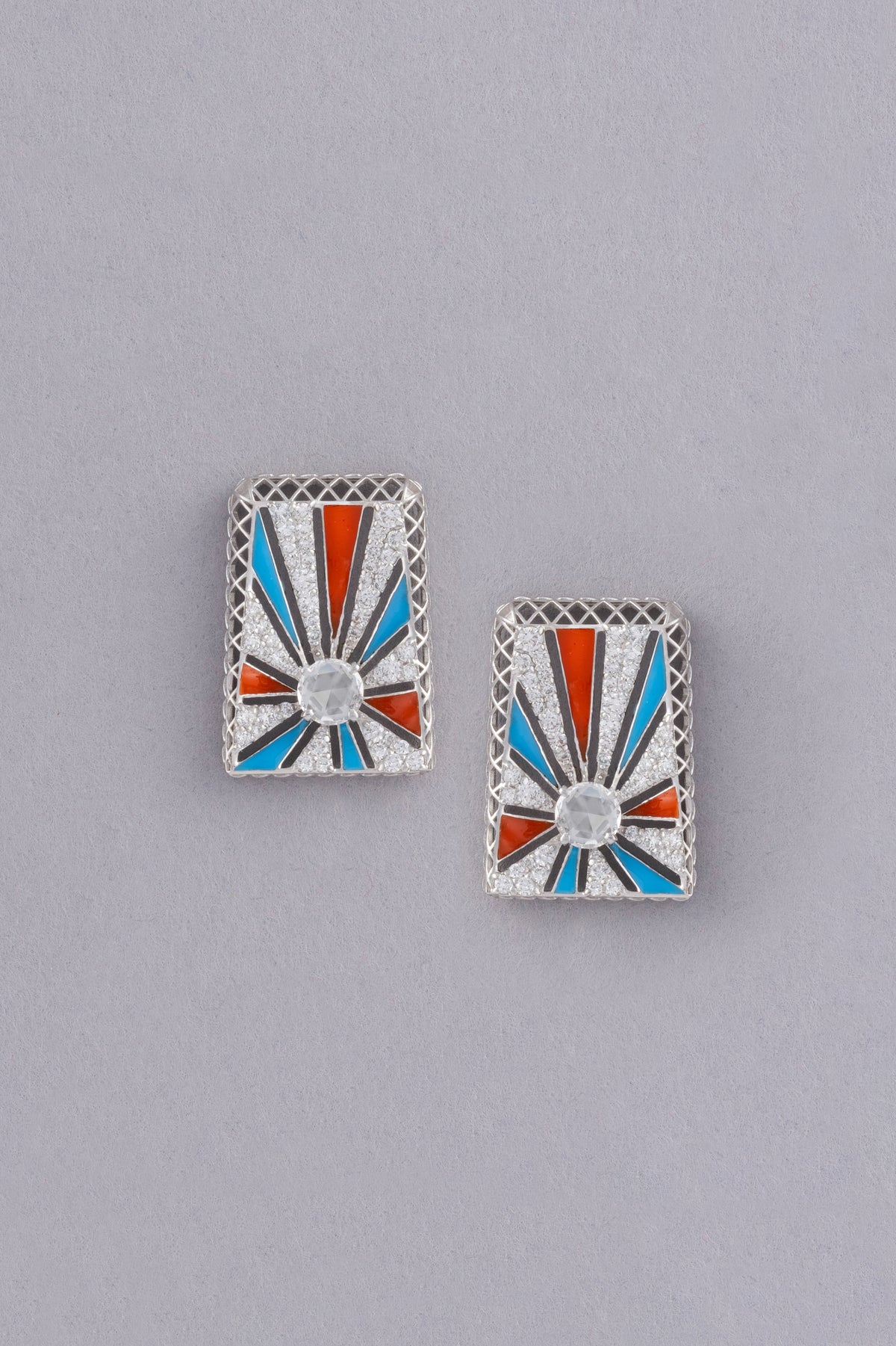 Sunray Earrings, White Gold, Rose-cut Diamonds and Ceramic Enamel