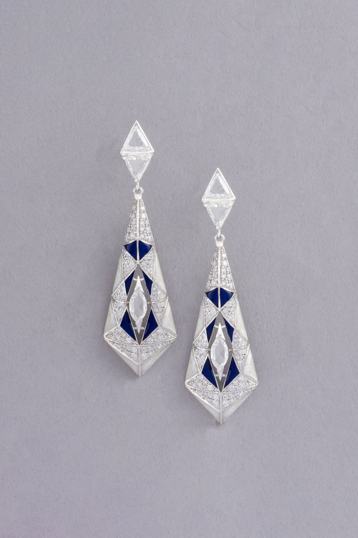 PRISM Deco Earrings, White Gold, Rose-cut Diamonds and Ceramic Enamel