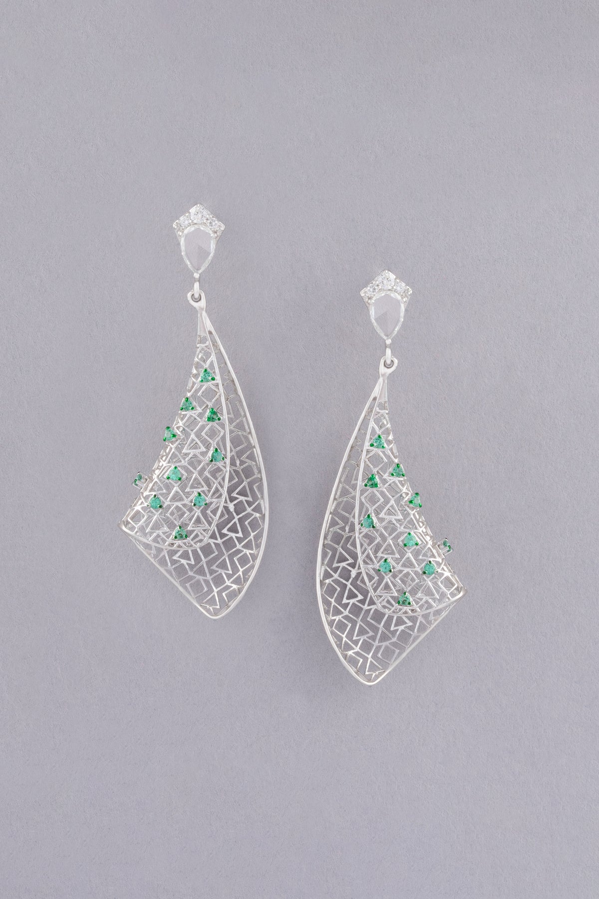 Veil Earrings, White Gold, Rose-cut Diamonds and Emeralds