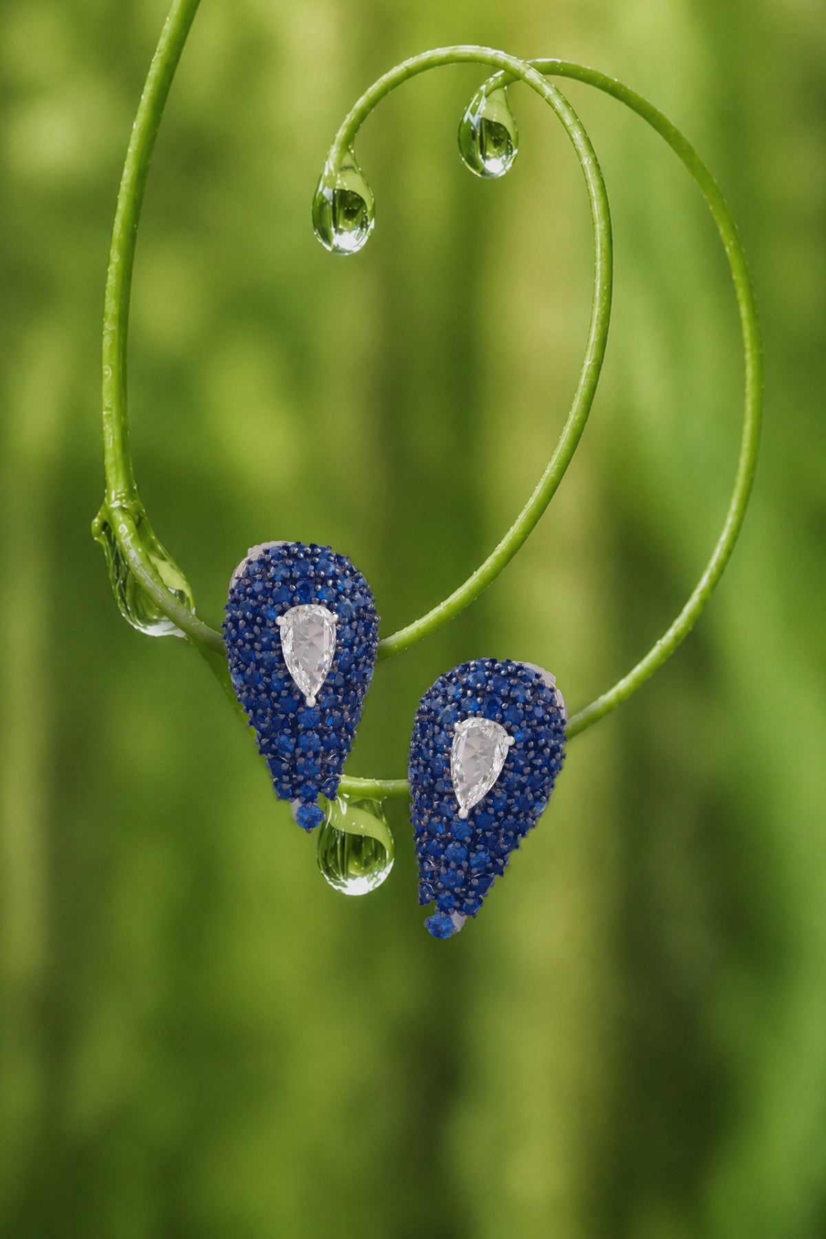 DEW Cascade Earrings, White Gold, Rose-cut Diamonds and Blue Sapphires