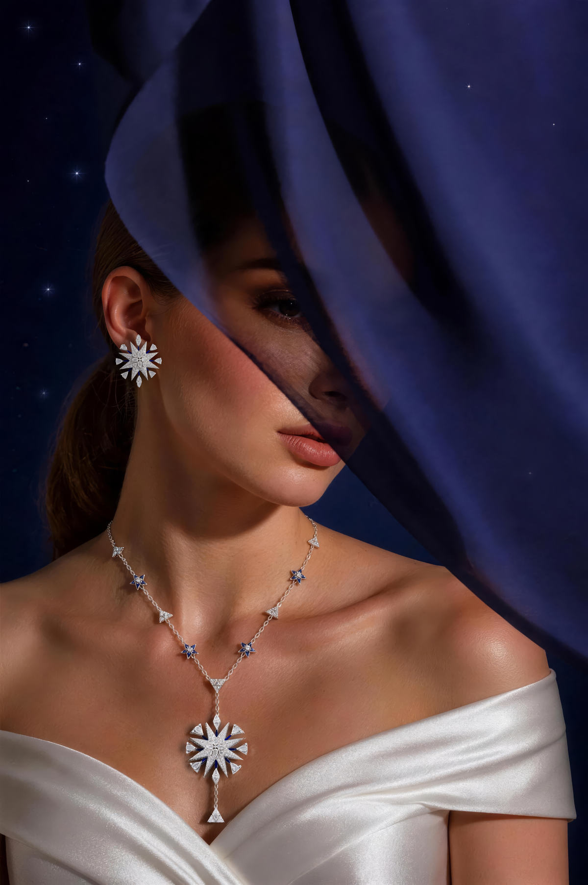 NOVA Radiant Burst Earrings, White Gold, Rose-cut Diamonds and Ceramic Enamel