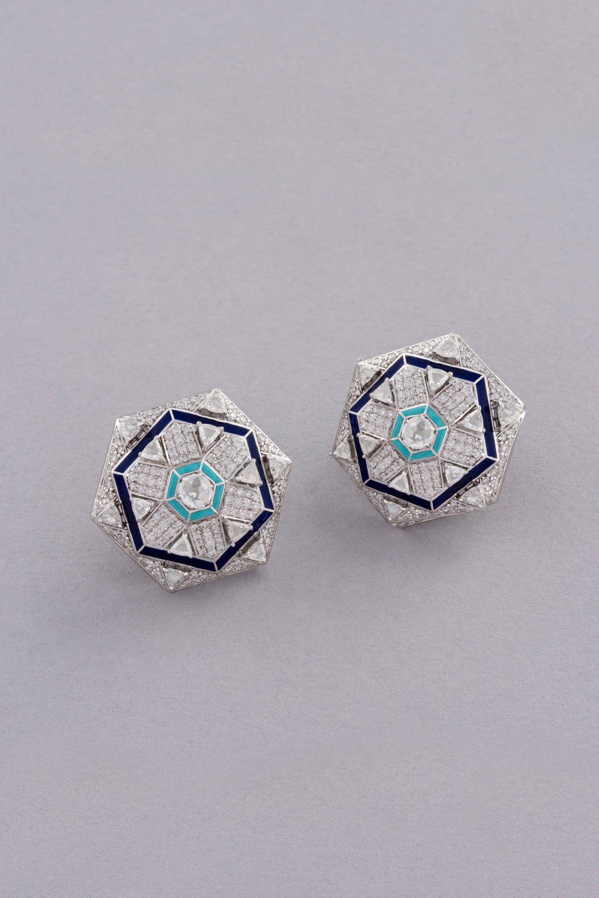 HEXA Honeycomb Halo Earrings, White Gold, Rose-cut Diamonds and Ceramic Enamel