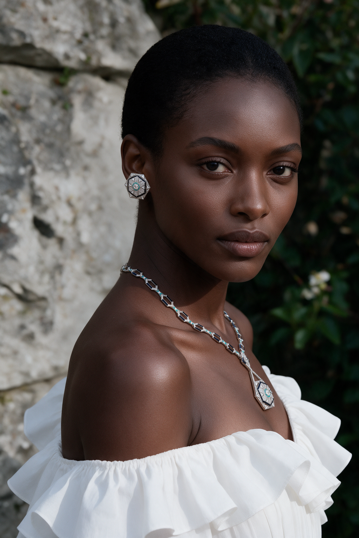 HEXA Honeycomb Halo Earrings, White Gold, Rose-cut Diamonds and Ceramic Enamel