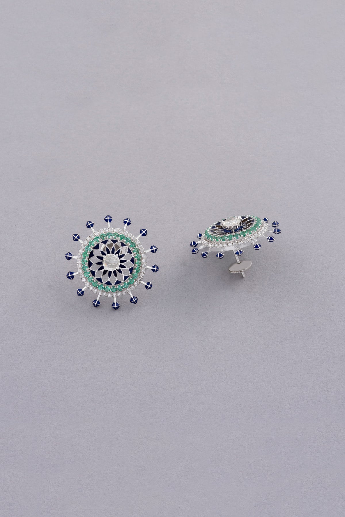 NOVA Medallion Earrings, White Gold, Rose-cut Diamonds and Emeralds