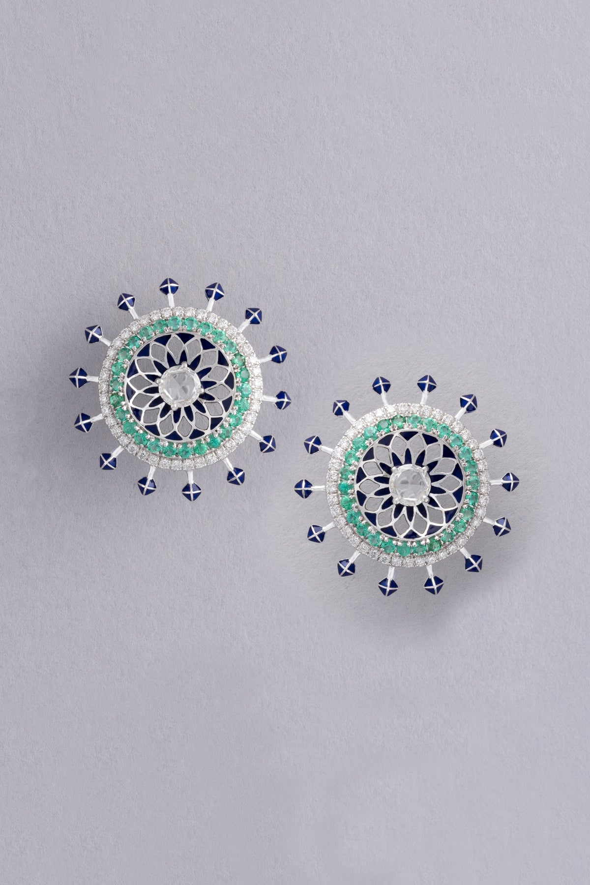 NOVA Medallion Earrings, White Gold, Rose-cut Diamonds and Emeralds