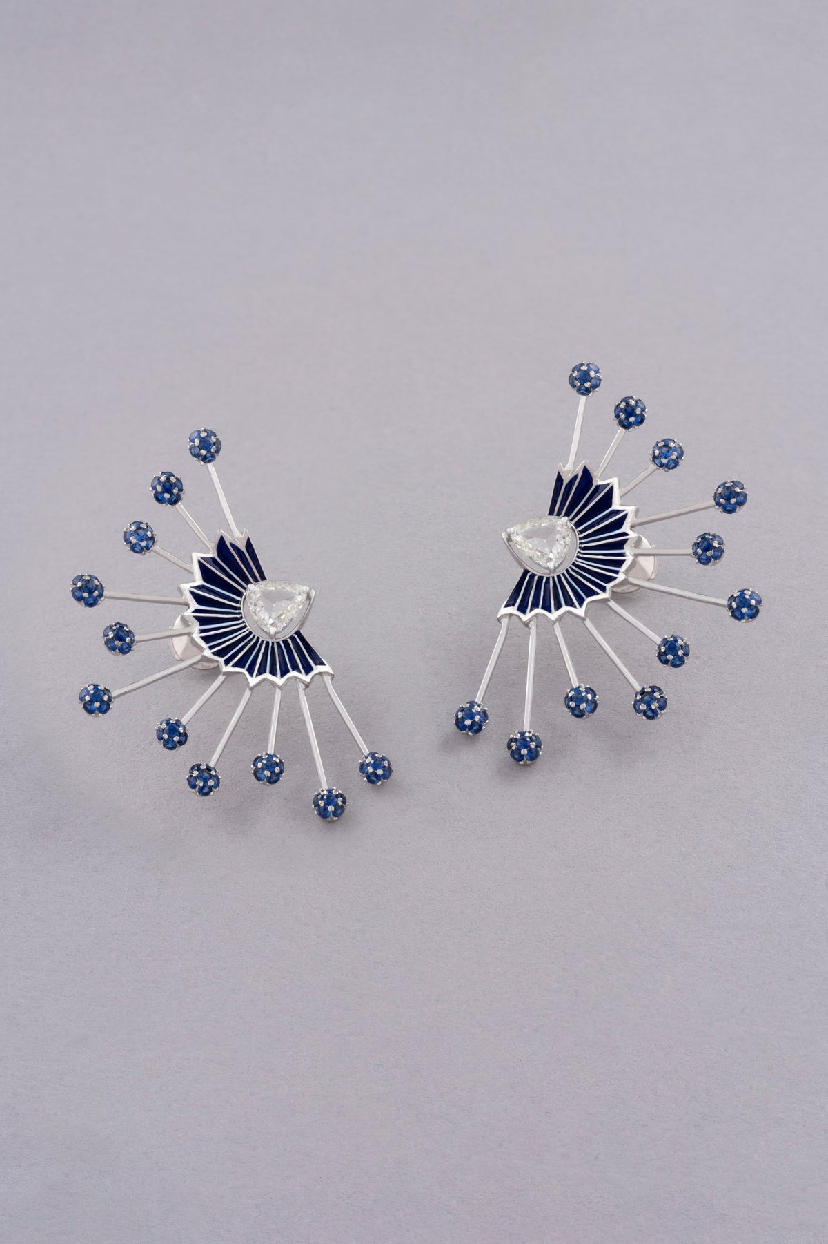 Dandelion Earrings, White Gold, Rose-cut Diamonds and Blue Sapphires