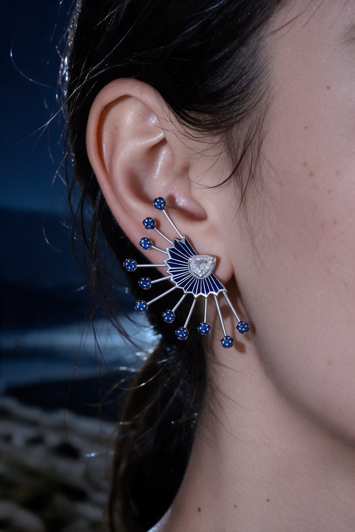 Dandelion Earrings, White Gold, Rose-cut Diamonds and Blue Sapphires