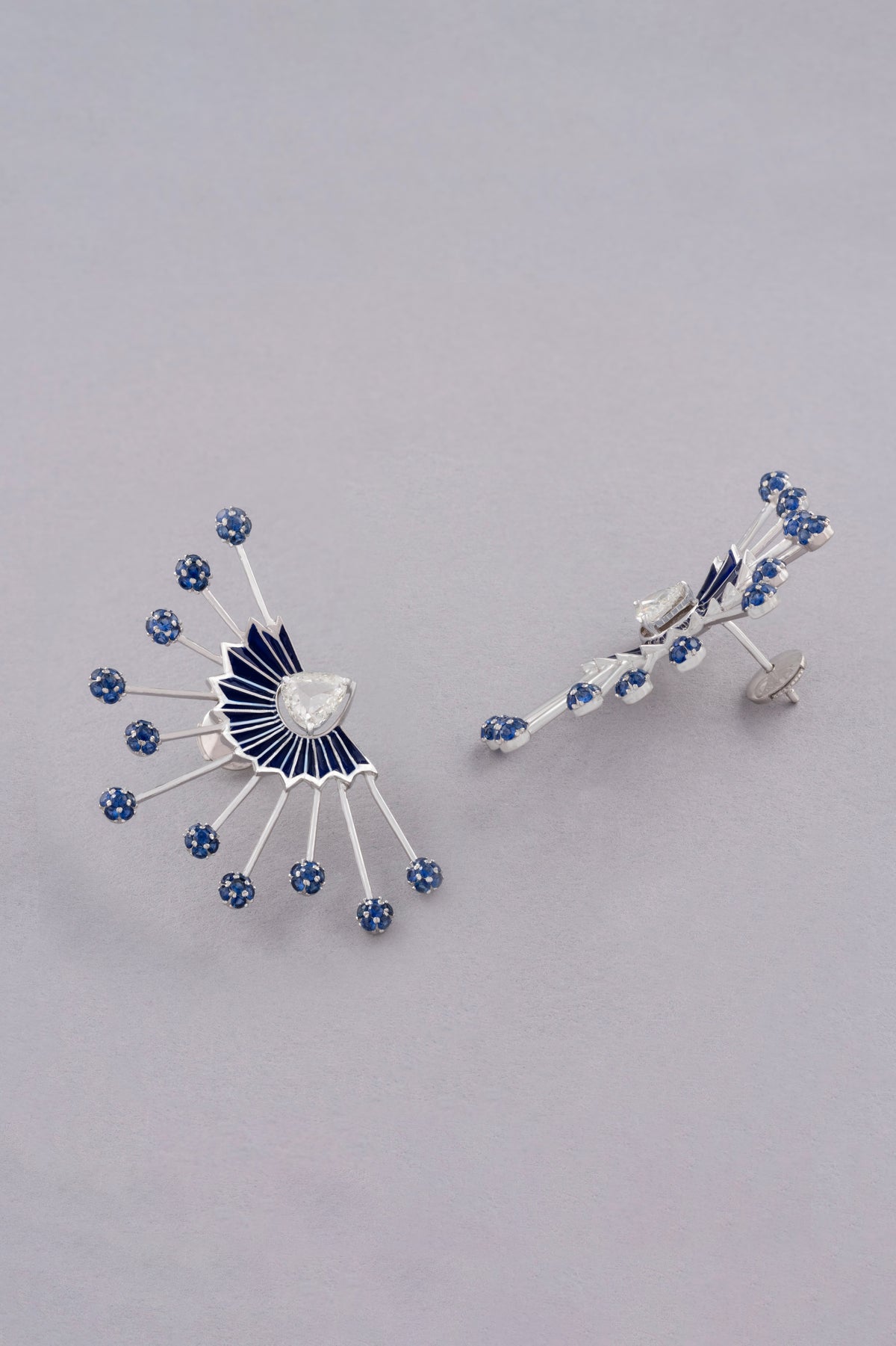 Dandelion Earrings, White Gold, Rose-cut Diamonds and Blue Sapphires