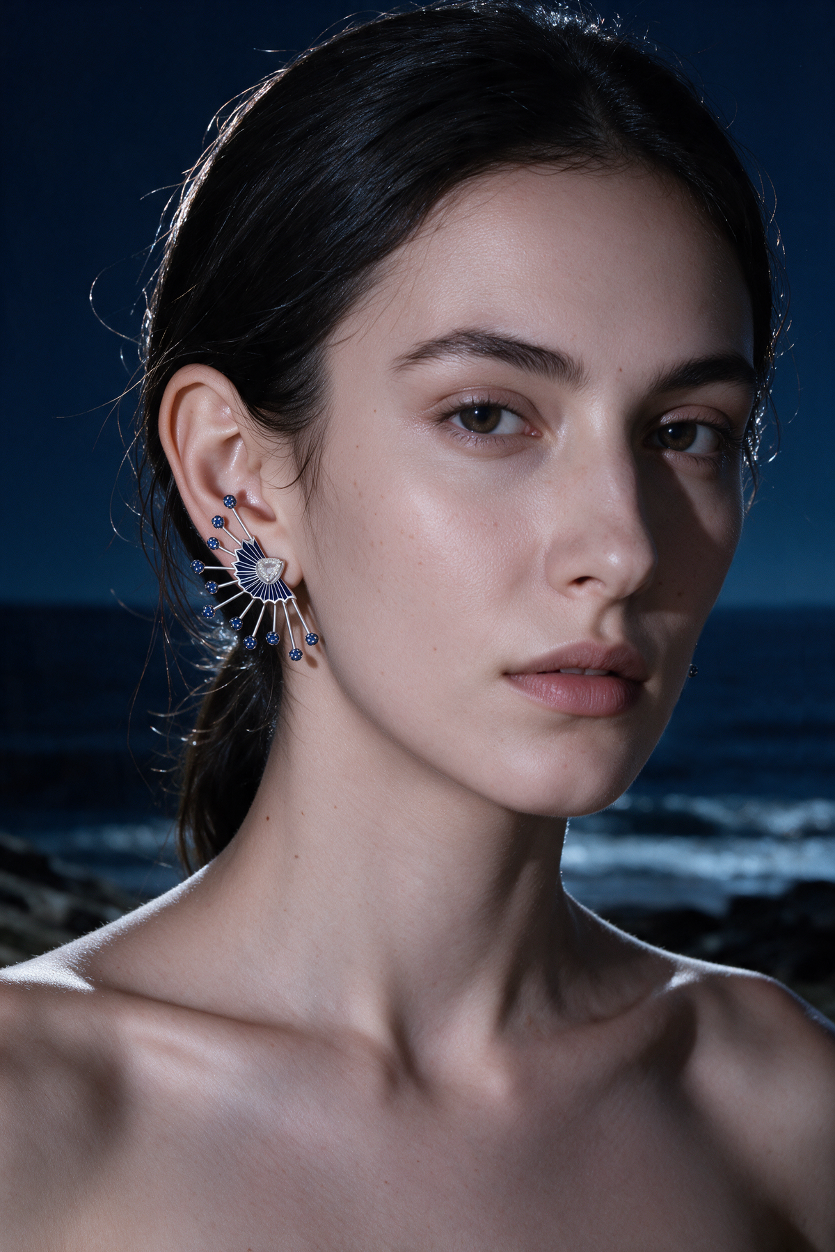 Dandelion Earrings, White Gold, Rose-cut Diamonds and Blue Sapphires