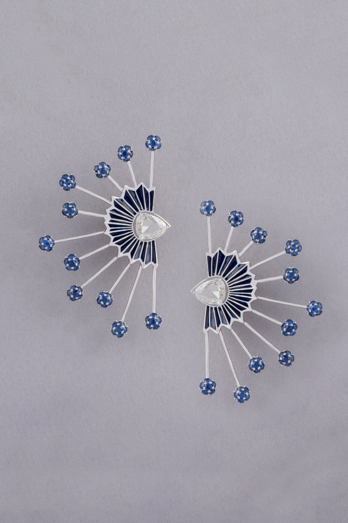 Dandelion Earrings, White Gold, Rose-cut Diamonds and Blue Sapphires
