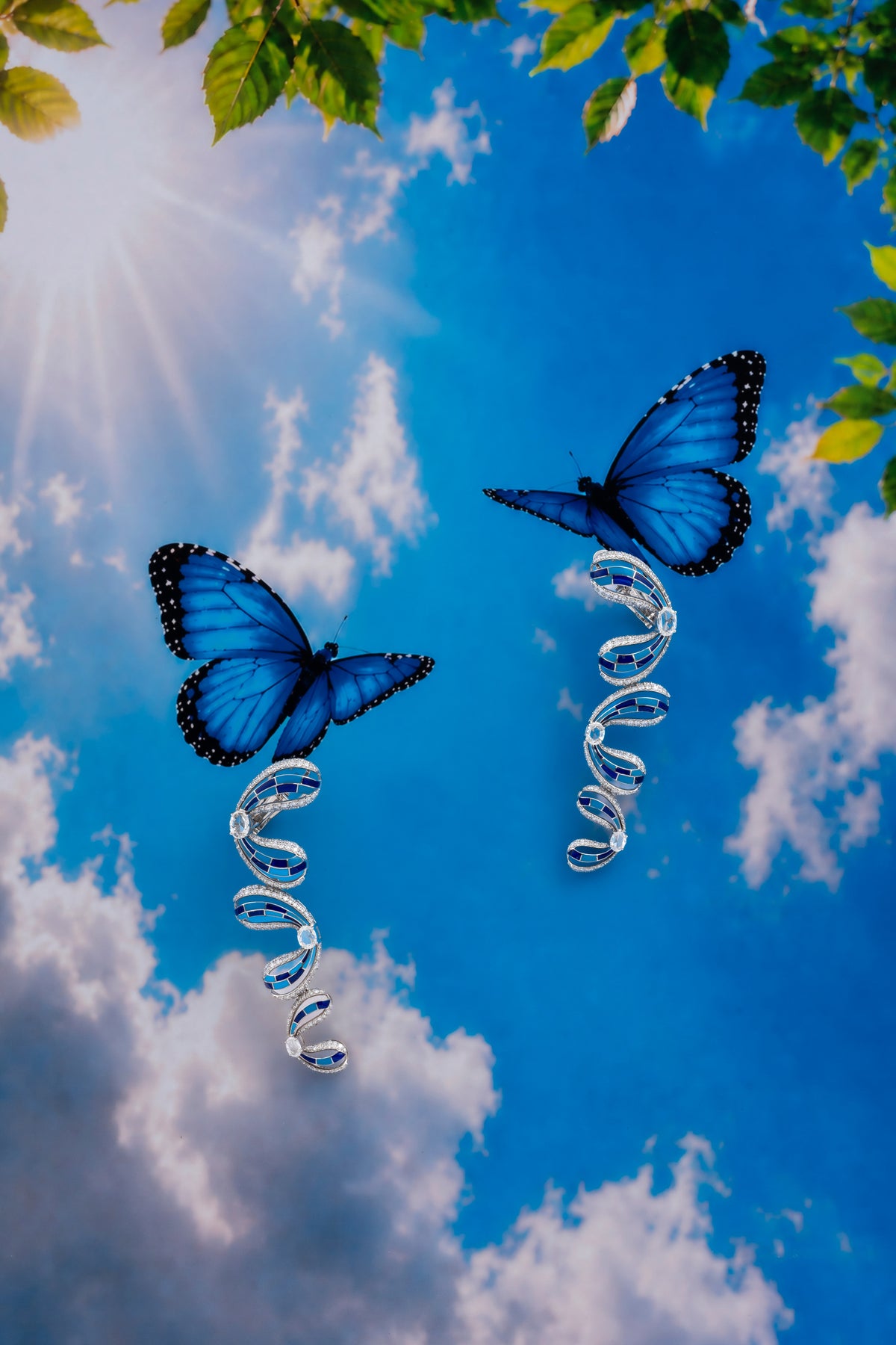 FLUTTER Butterfly Cascade Earrings, White Gold, Rose-cut Diamonds and Ceramic Enamel