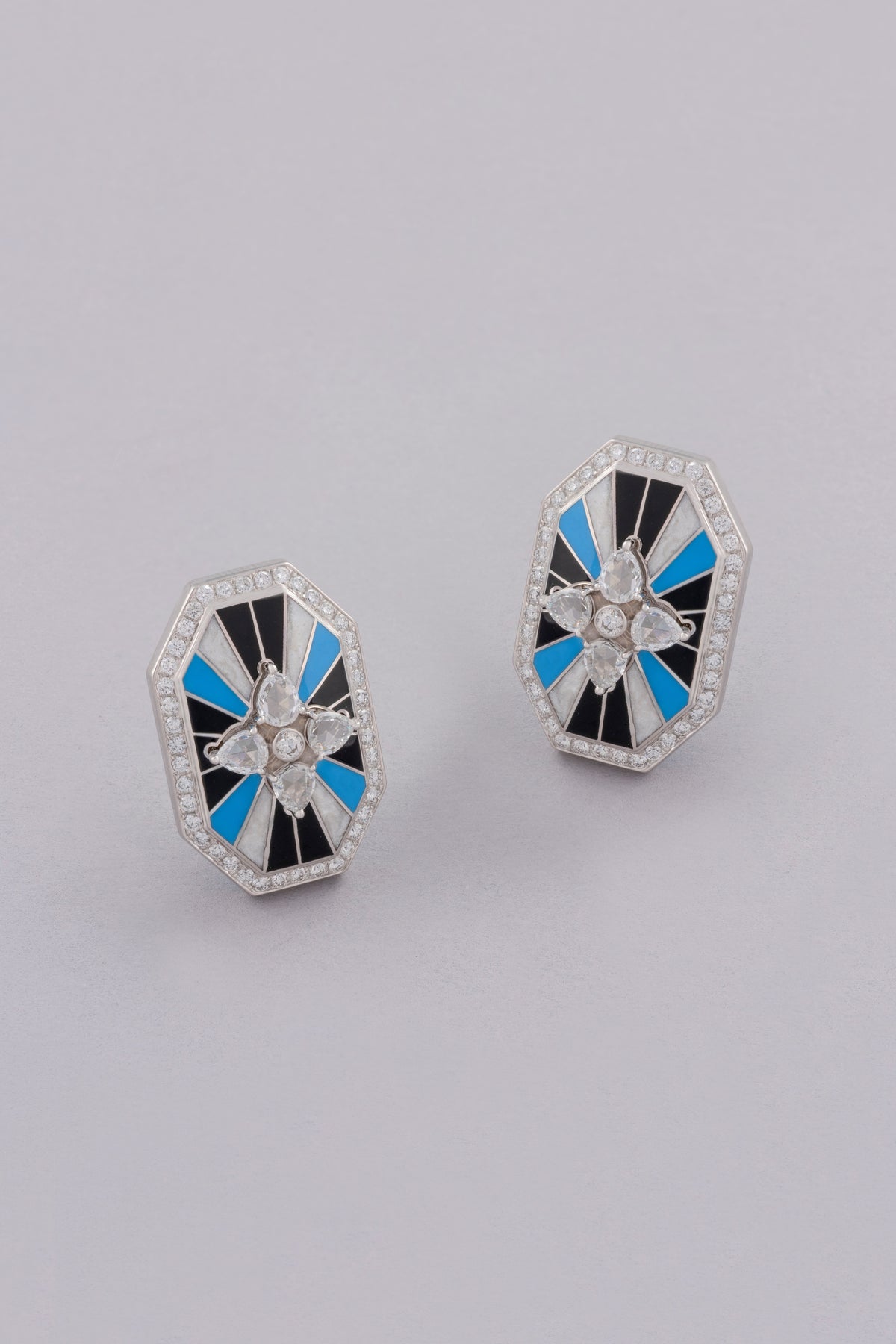 LINK Octagon Earrings, White Gold, Rose-cut Diamonds and Ceramic Enamel